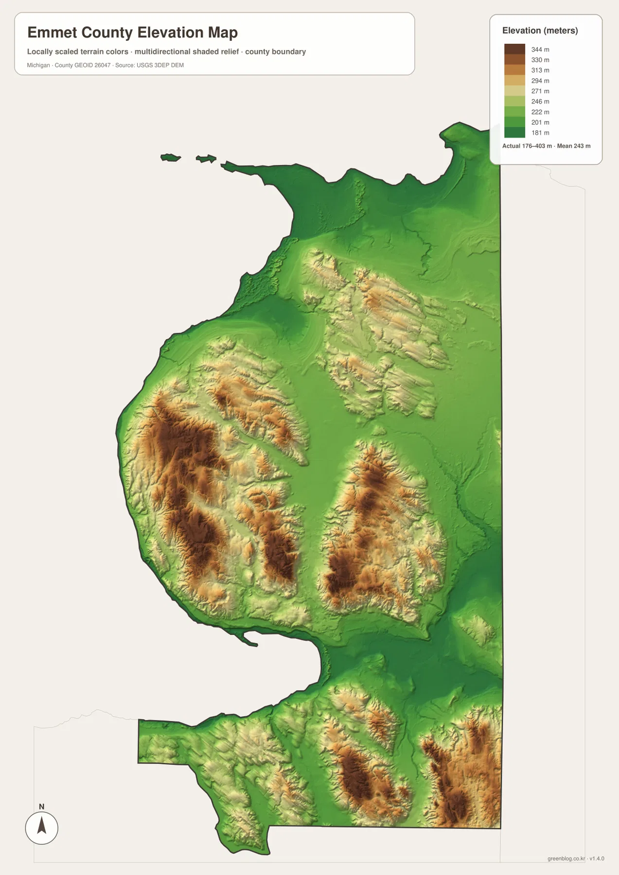 Lake Michigan 해안과 북부 저지, 중앙 서쪽과 남부 내륙의 높은 구릉을 보여 주는 Emmet County Michigan 고도 지도