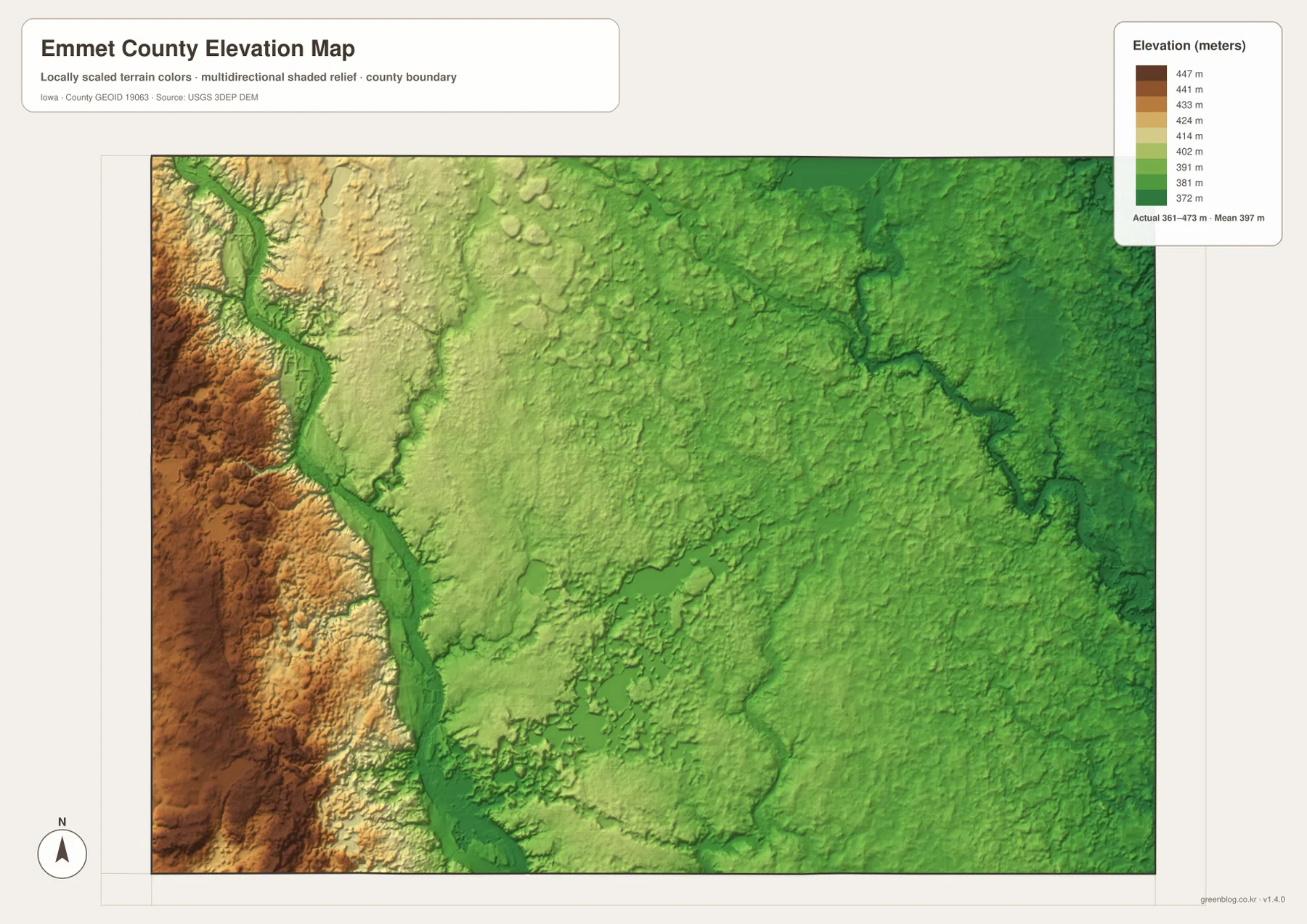 Emmet County Iowa elevation map 361 473 meters Des Moines River valley