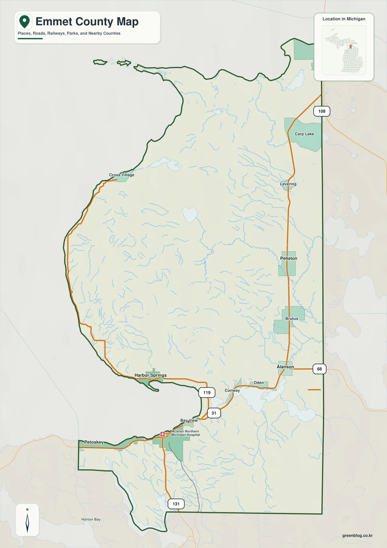 Petoskey, Harbor Springs, Alanson, Pellston, Mackinaw City와 US-31, US-131, M-119, M-68이 표시된 Emmet County Michigan 지도