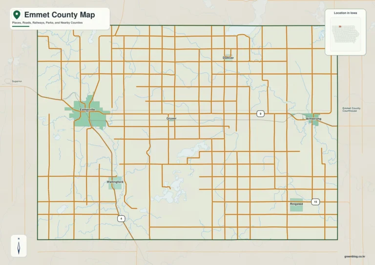 Emmet County Iowa Map – Estherville, Prairie Lakes and Des Moines River Valleys