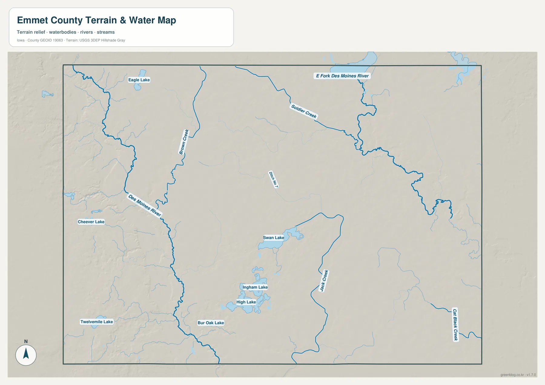 Emmet County Iowa water map Des Moines River East Fork Soldier Creek Swan Lake