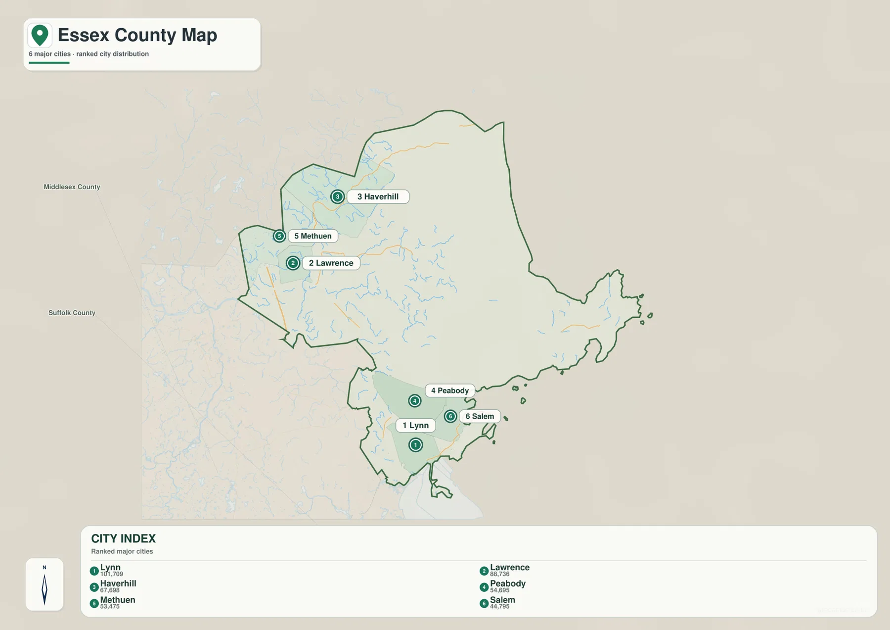 Essex County city map ranking Lynn, Lawrence, Haverhill, Peabody, Methuen and Salem