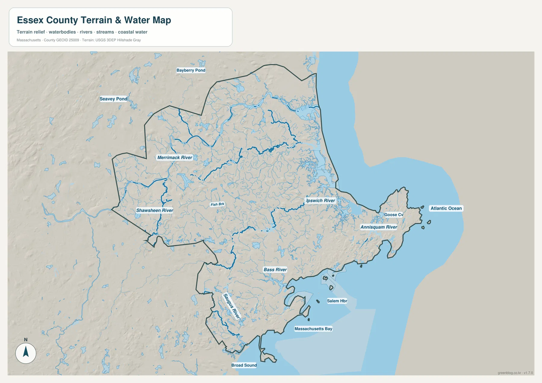 Essex County water map showing the Merrimack River, Shawsheen River, Ipswich River, Annisquam River, Saugus River, Salem Harbor, Massachusetts Bay and Atlantic Ocean