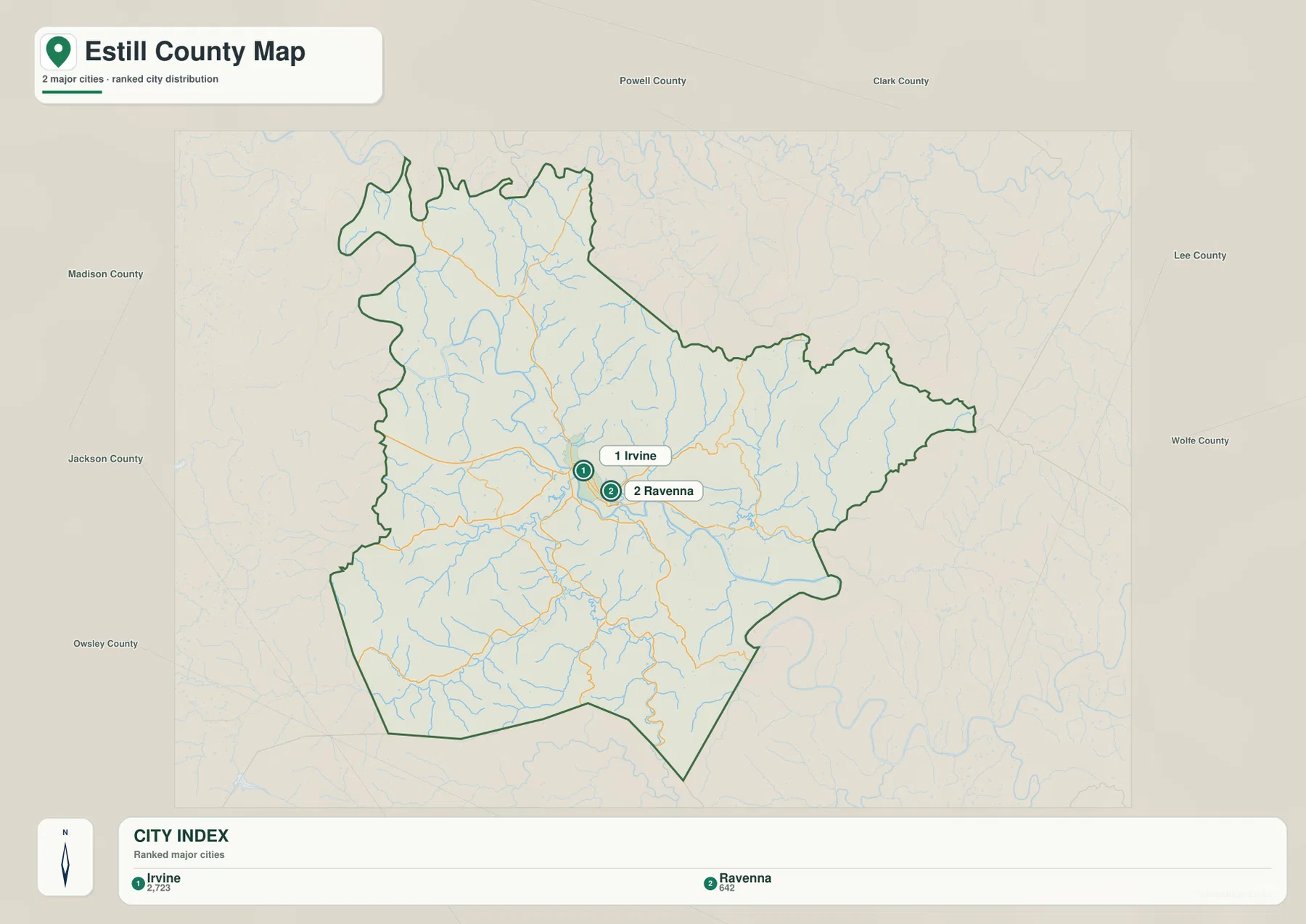Estill County city map with Irvine and Ravenna