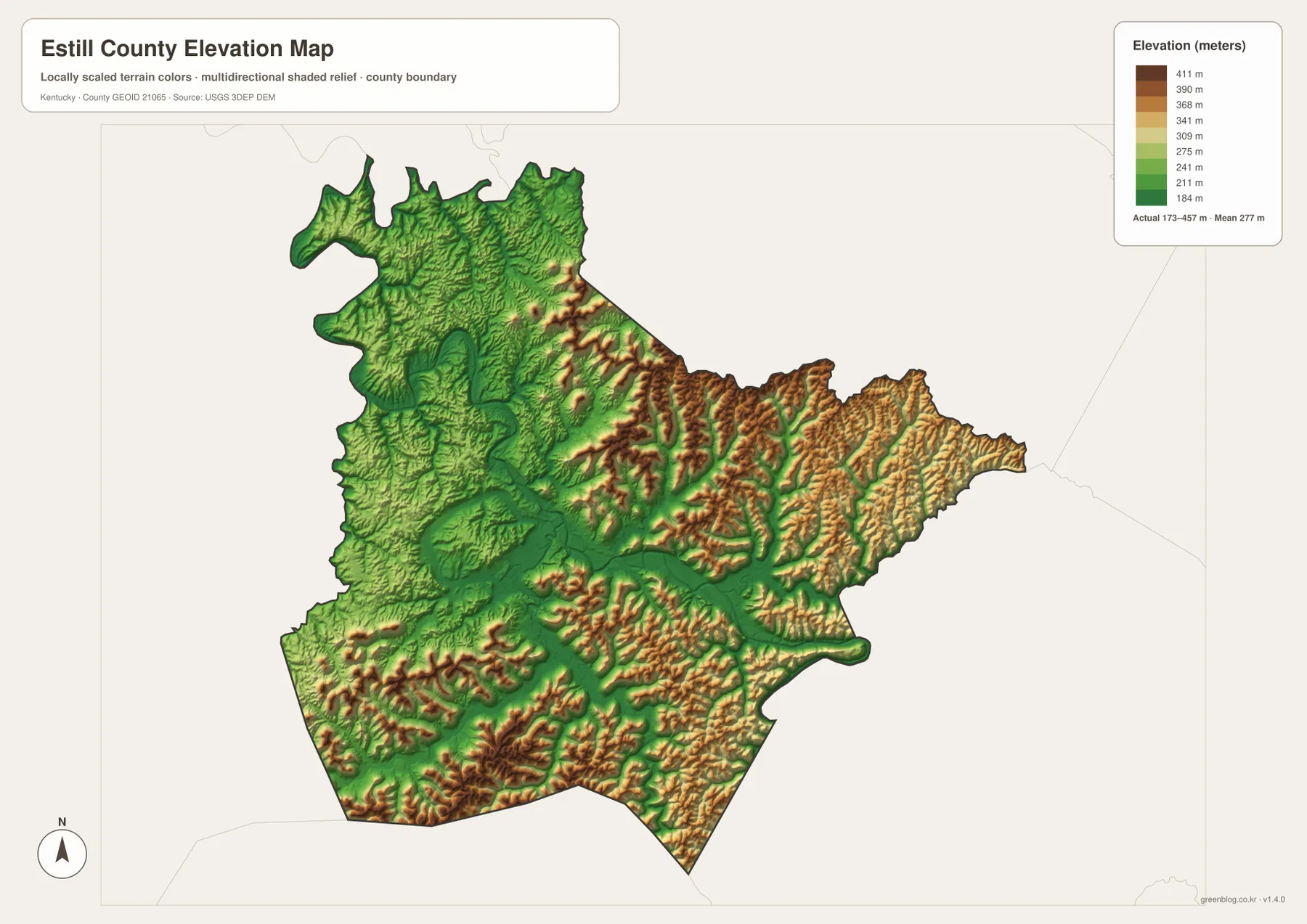 Estill County elevation map showing terrain from about 173 to 457 meters