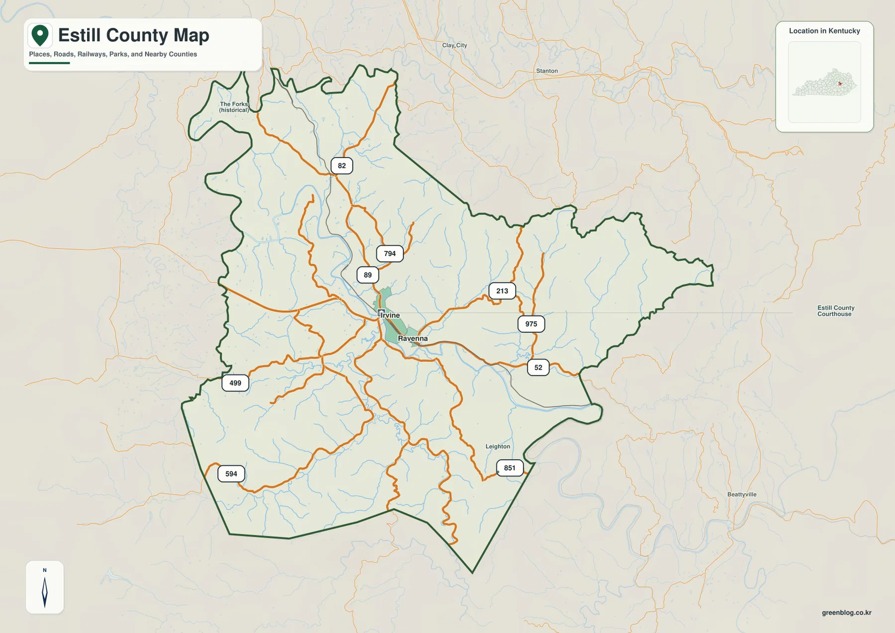 Estill County map showing Irvine, Ravenna, county boundary, roads, and nearby counties