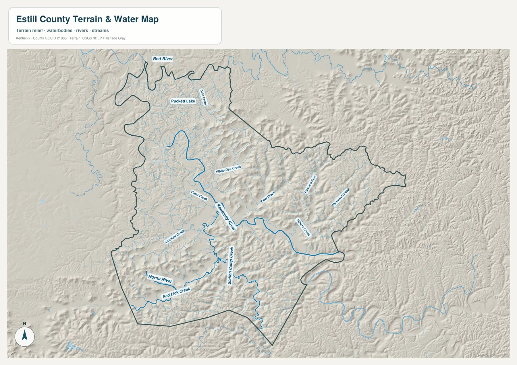 Estill County terrain and water map showing Kentucky River, Red River, and named creeks