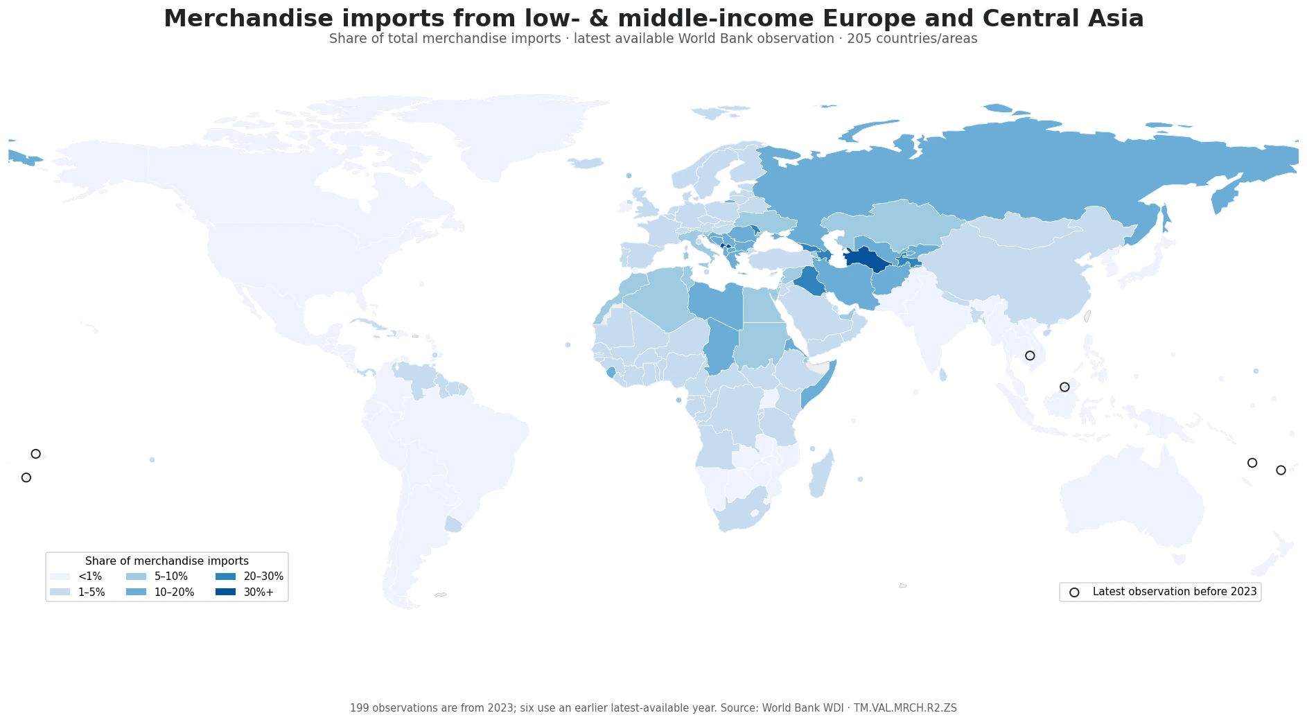 World map showing merchandise imports from low- and middle-income Europe and Central Asia as a share of total merchandise imports