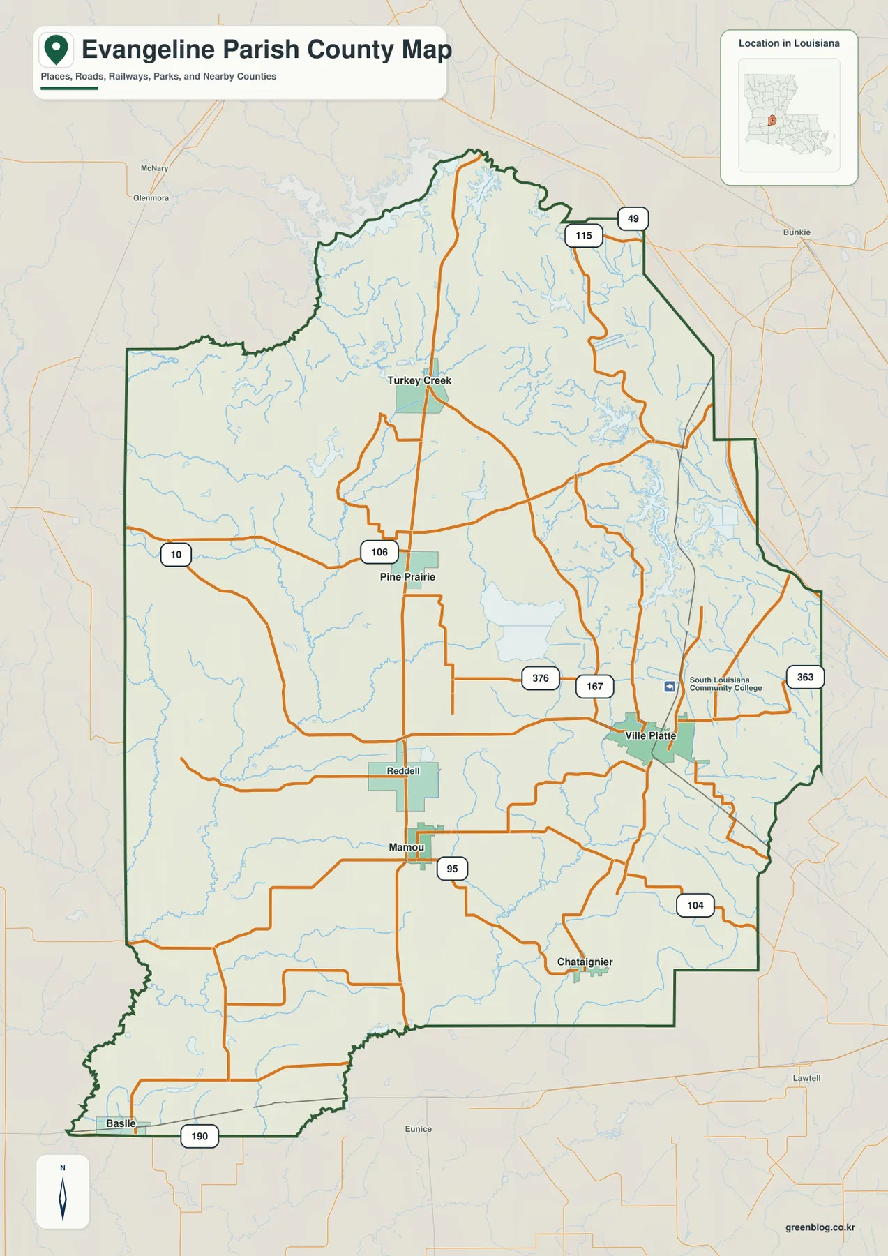Evangeline Parish map showing Ville Platte, Mamou, Pine Prairie, Turkey Creek, US 167 and LA 10