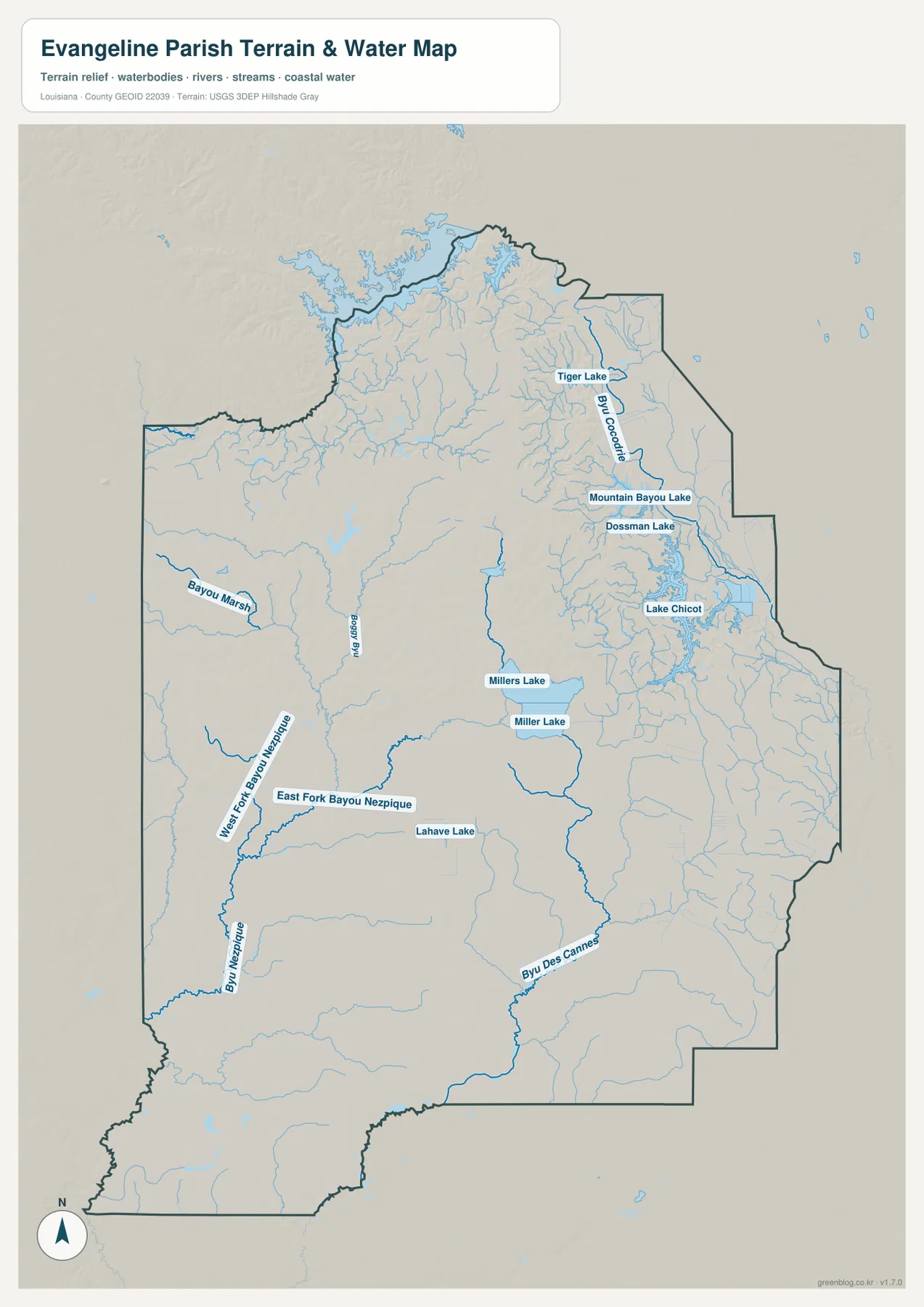 Evangeline Parish water map showing Lake Chicot, Bayou Nezpique, Bayou des Cannes and Bayou Cocodrie