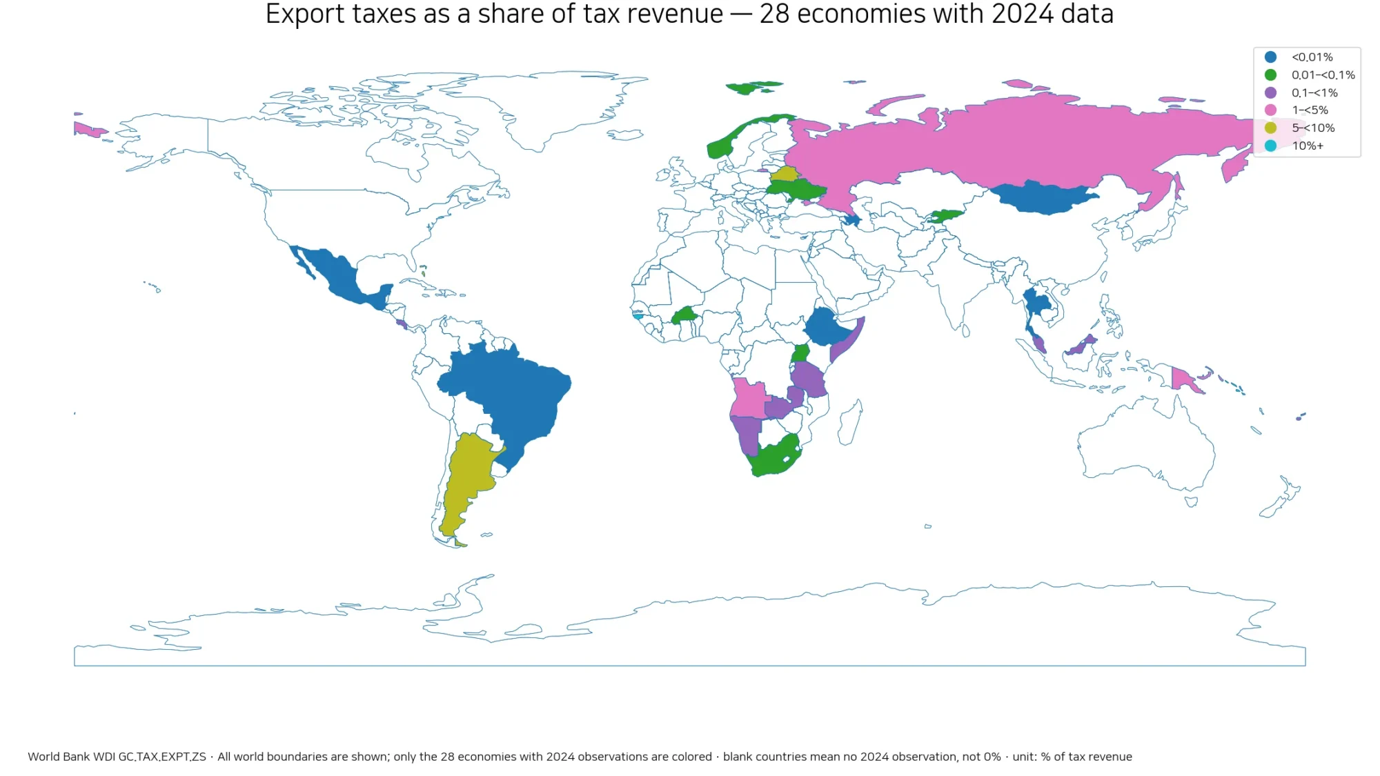 Map of export taxes as a share of tax revenue for economies with 2024 data