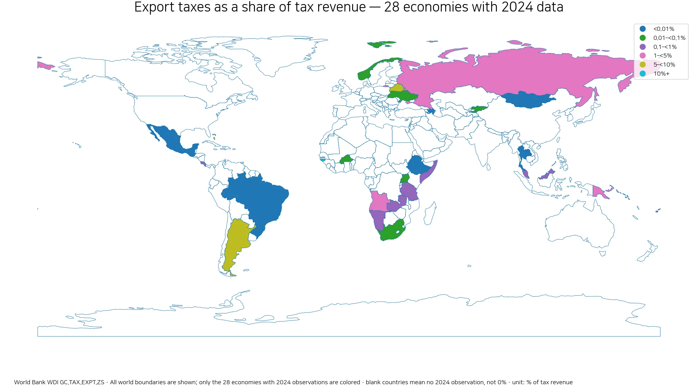 Map of export taxes as a share of tax revenue for economies with 2024 data