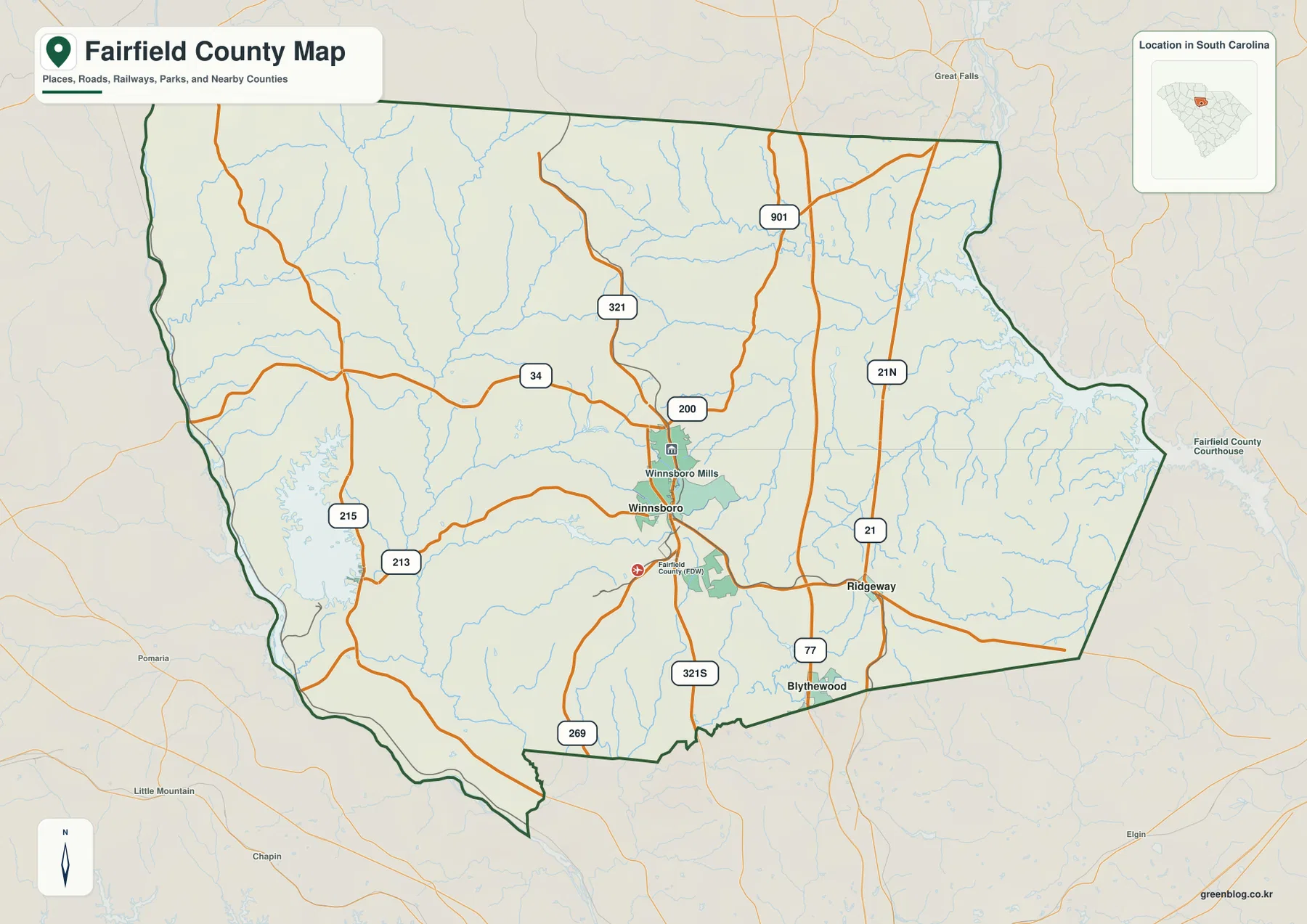 Fairfield County South Carolina map showing Winnsboro, Ridgeway, numbered roads, waterways, and the county boundary