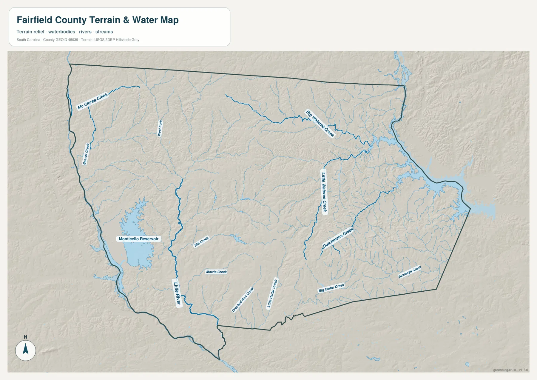 Fairfield County terrain and water map showing Monticello Reservoir, Little River, Little Wateree Creek, Big Wateree Creek and named tributaries