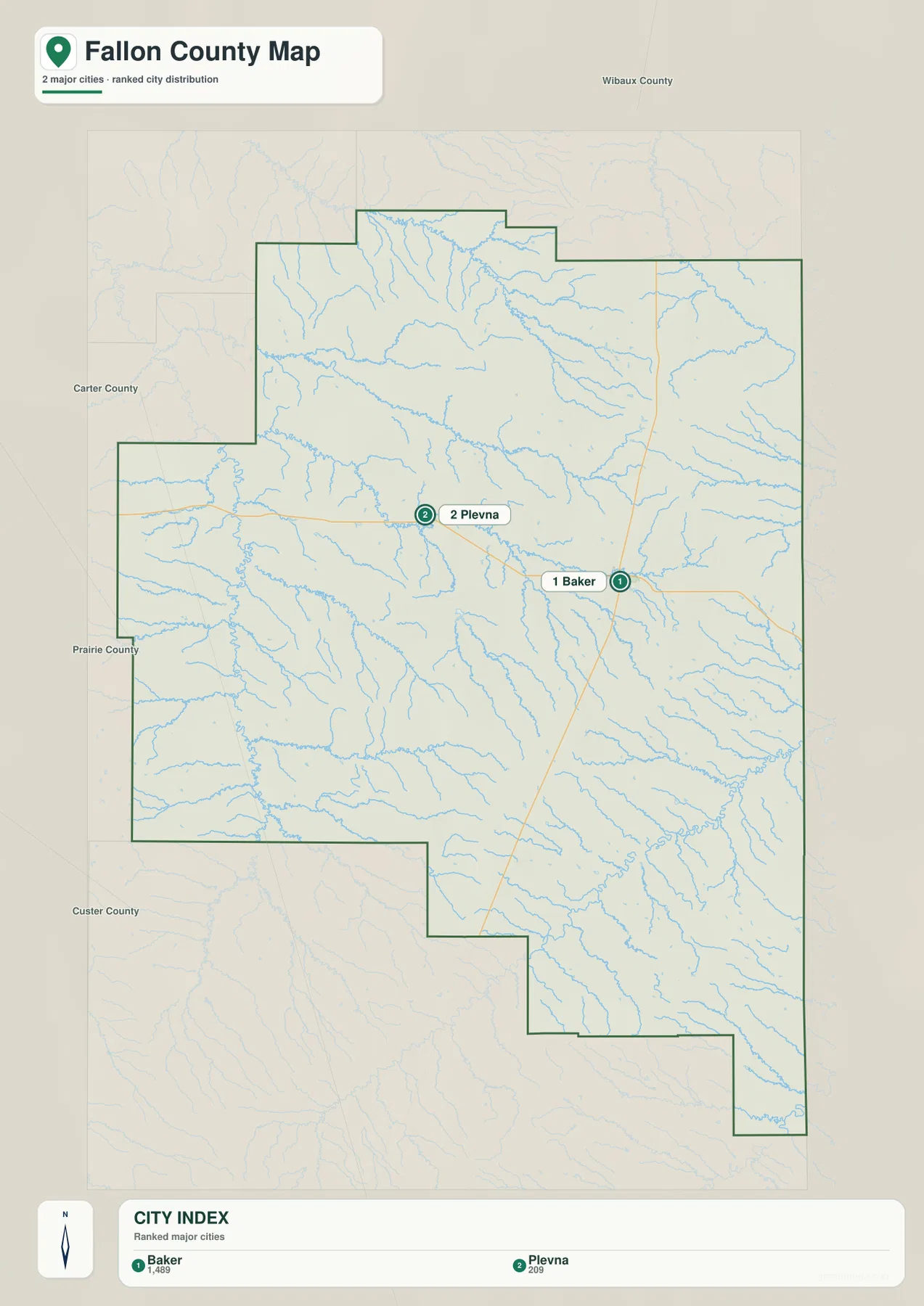 Fallon County city map highlighting Baker and Plevna as the two ranked communities
