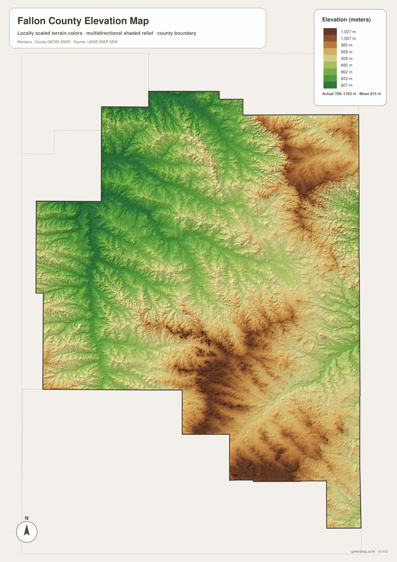 Fallon County Montana elevation map showing an actual range of 769 to 1103 meters and a mean of 915 meters