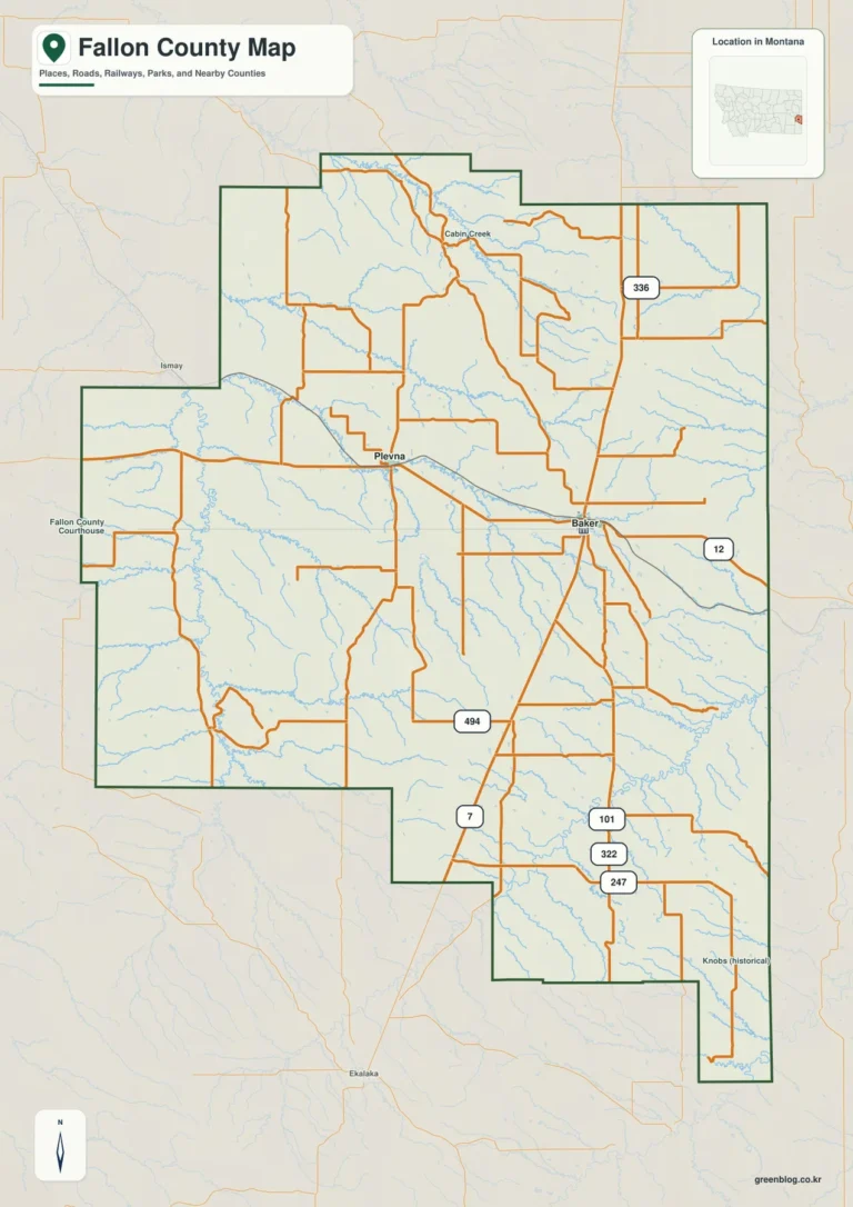 몬태나주 팰런 카운티(Fallon County) 지도 – Baker·Plevna와 O’Fallon Creek, 동부 구릉