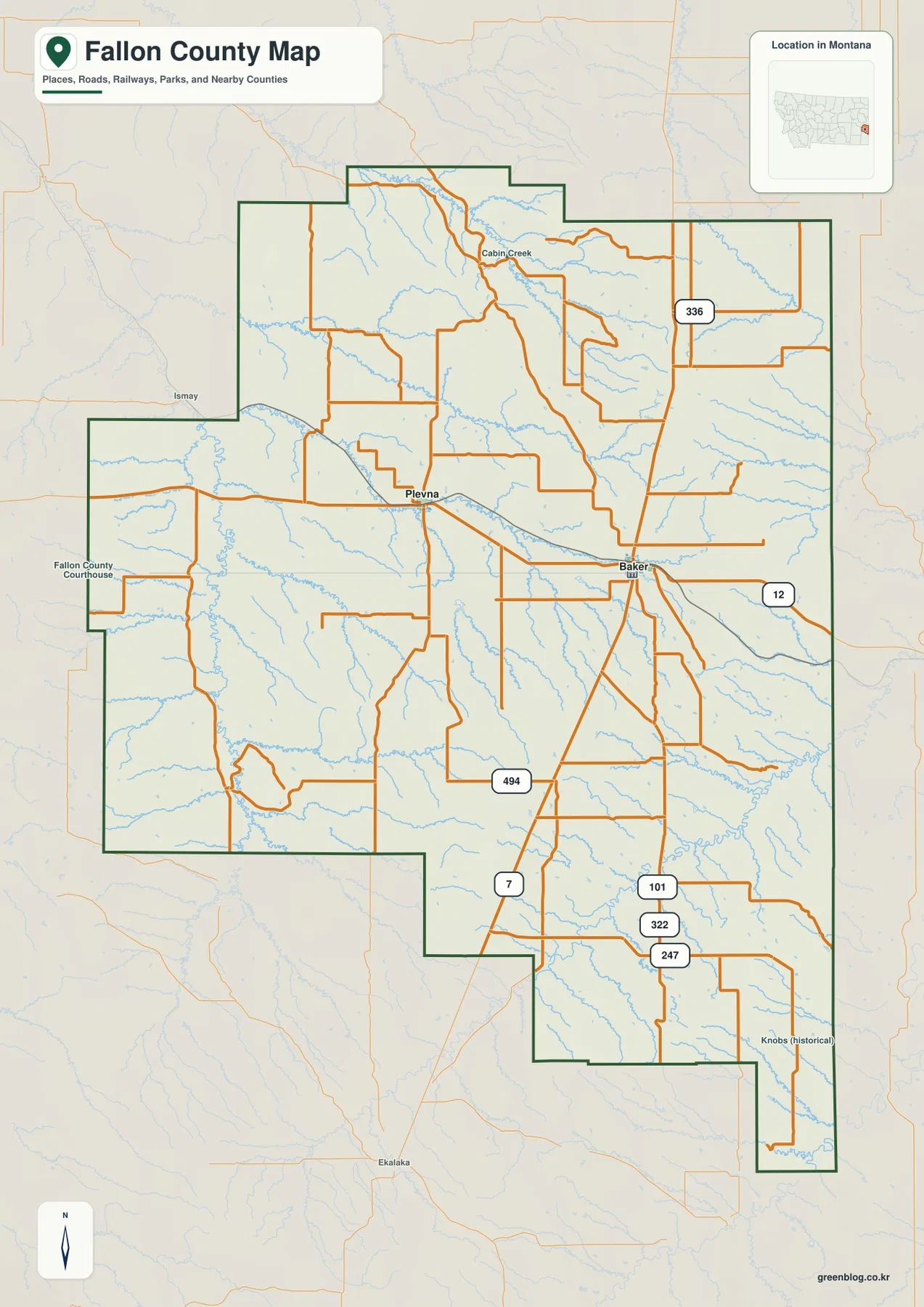 Fallon County Montana map showing Baker, Plevna, U.S. 12, Montana 7, and major local roads