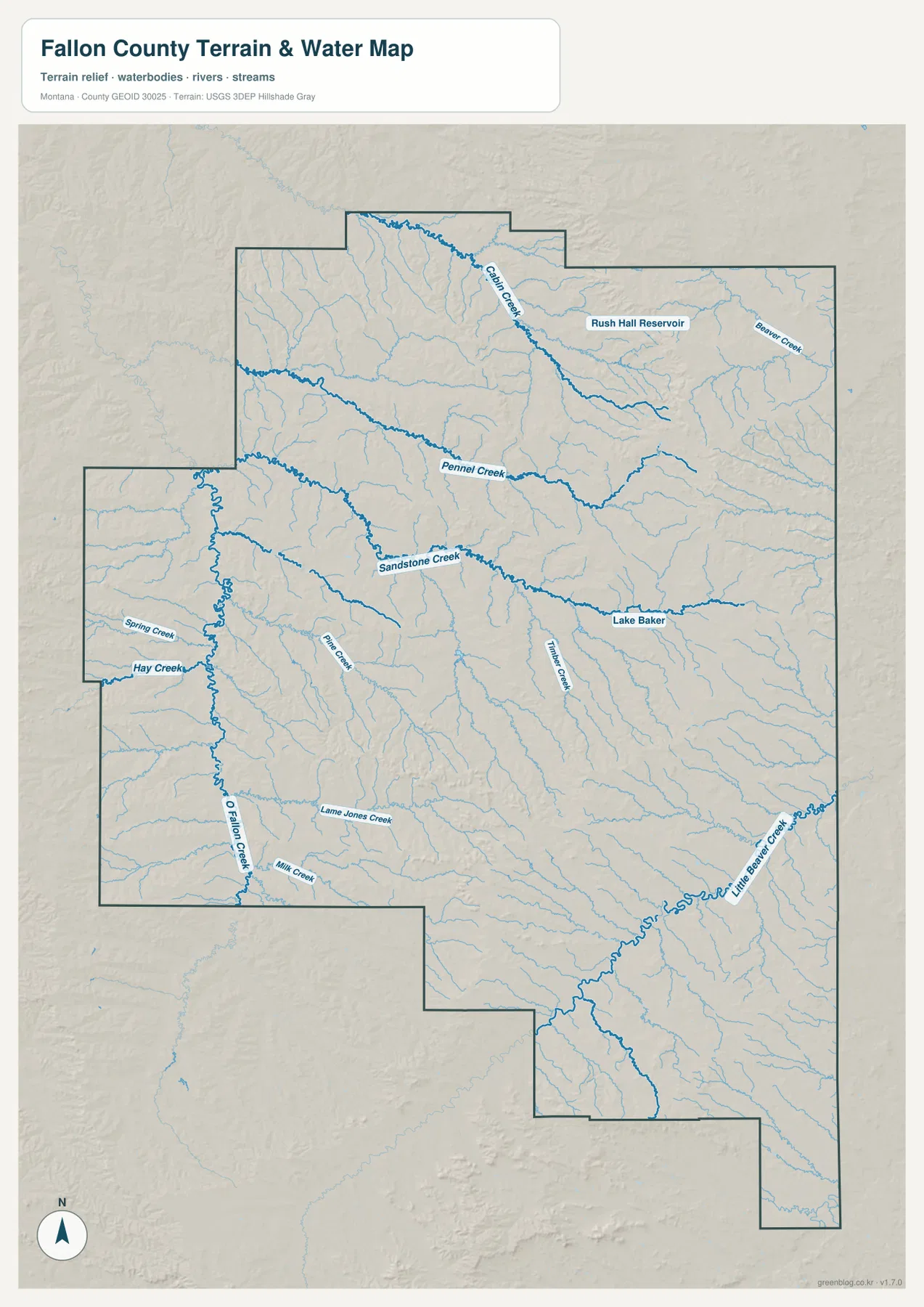 Fallon County terrain and water map showing O’Fallon Creek, Sandstone Creek, Cabin Creek, Lake Baker, and Little Beaver Creek