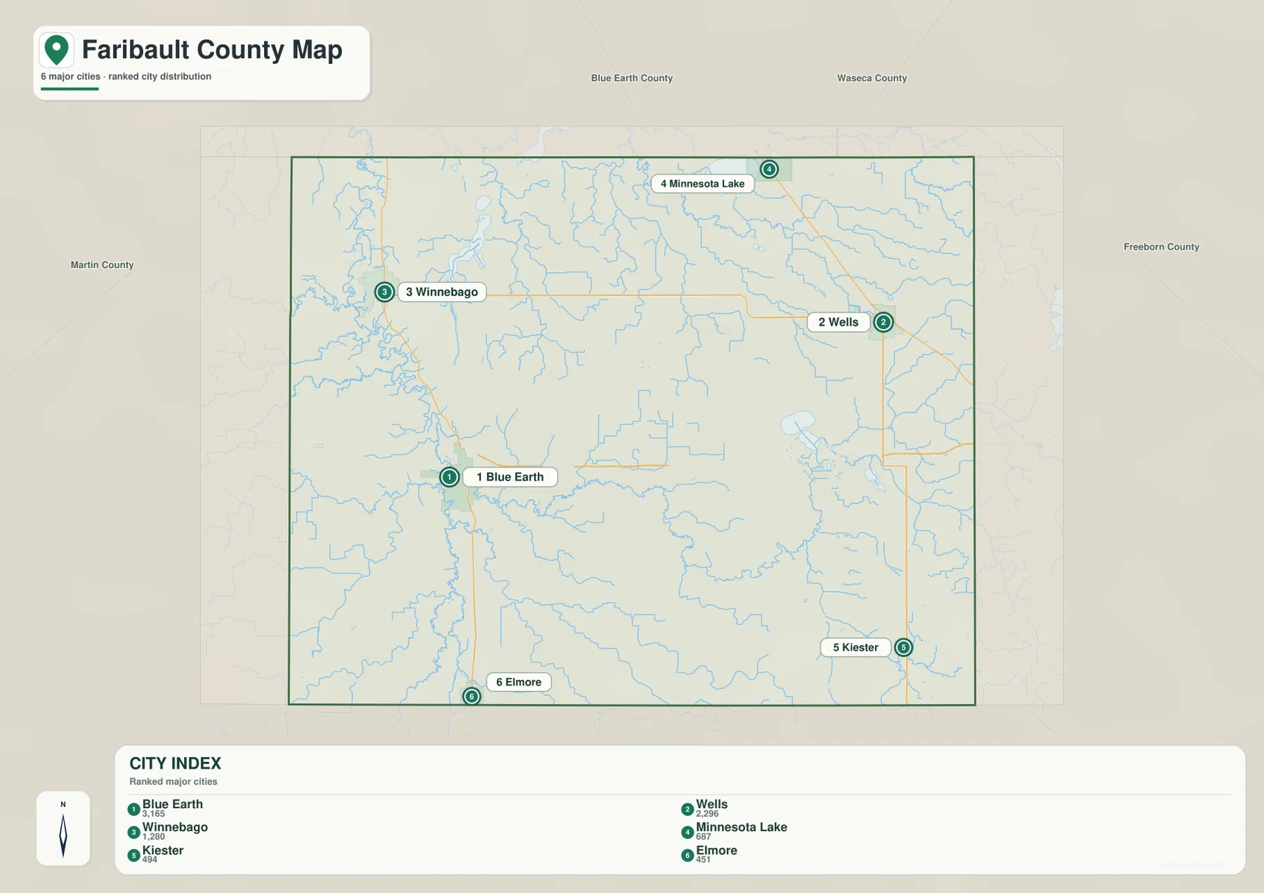 Faribault County city map showing Blue Earth, Wells, Winnebago, Minnesota Lake, Kiester, and Elmore