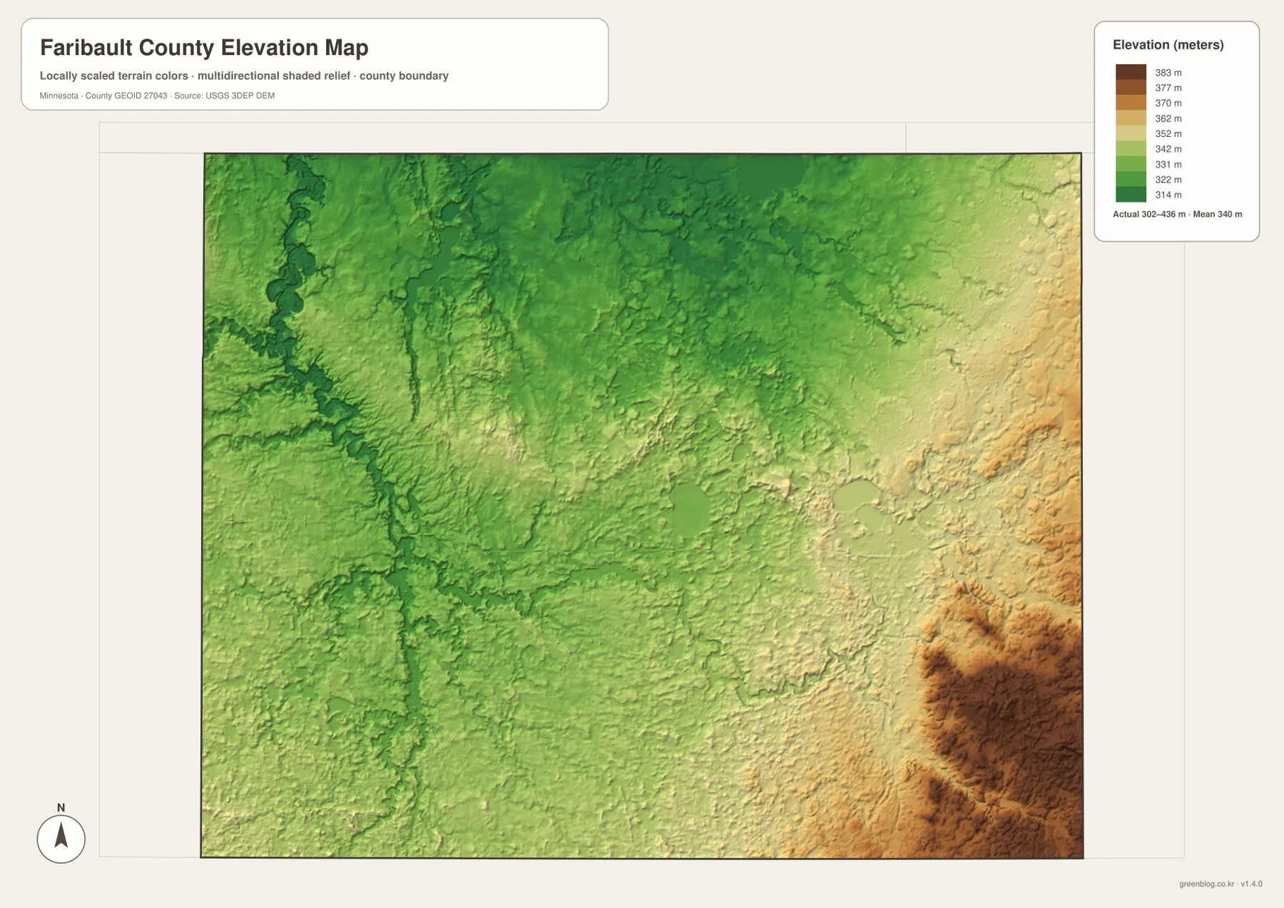 Faribault County elevation map showing terrain from about 302 to 436 meters