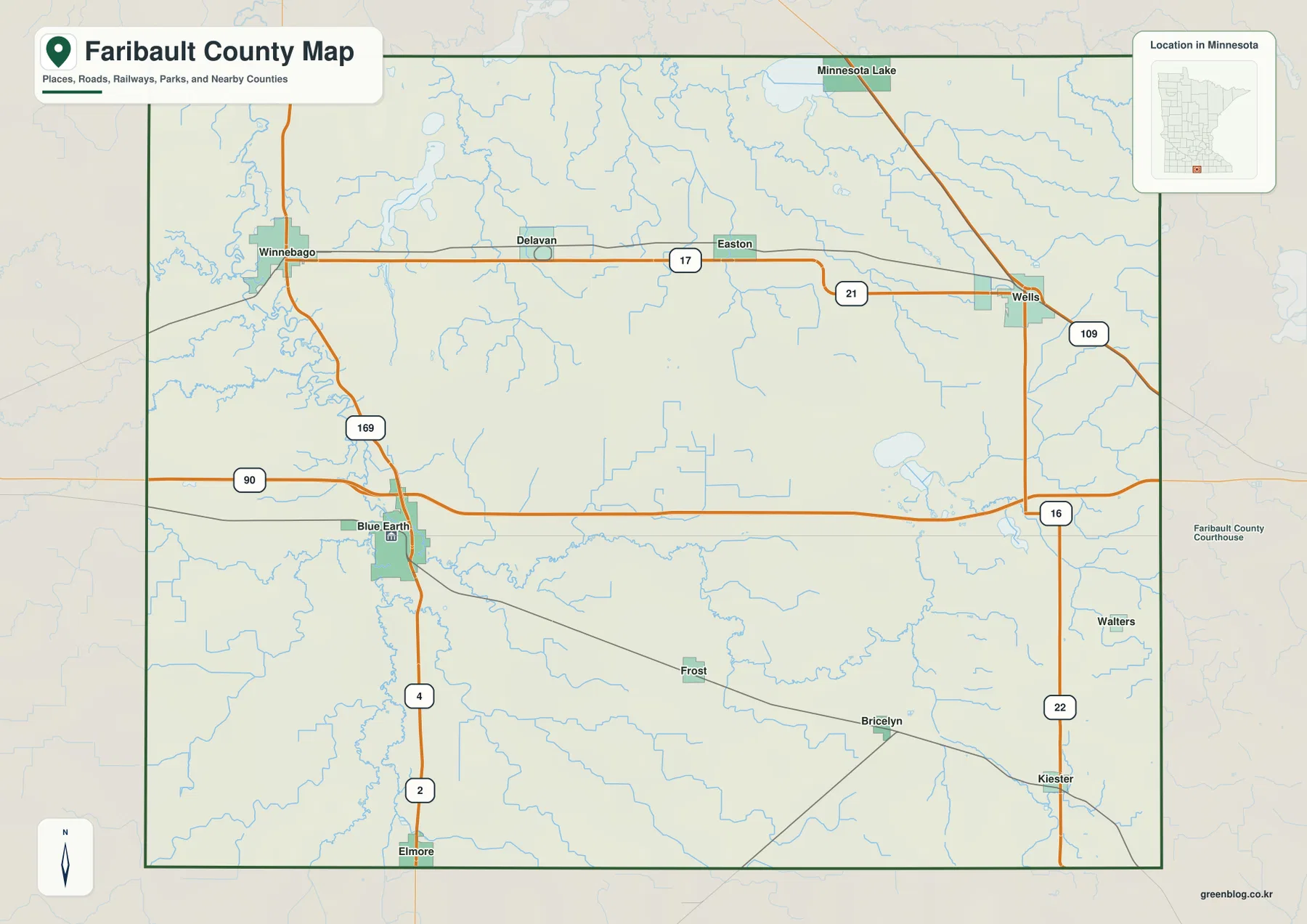 Faribault County Minnesota map showing Blue Earth, Wells, towns, highways, railways, and waterways