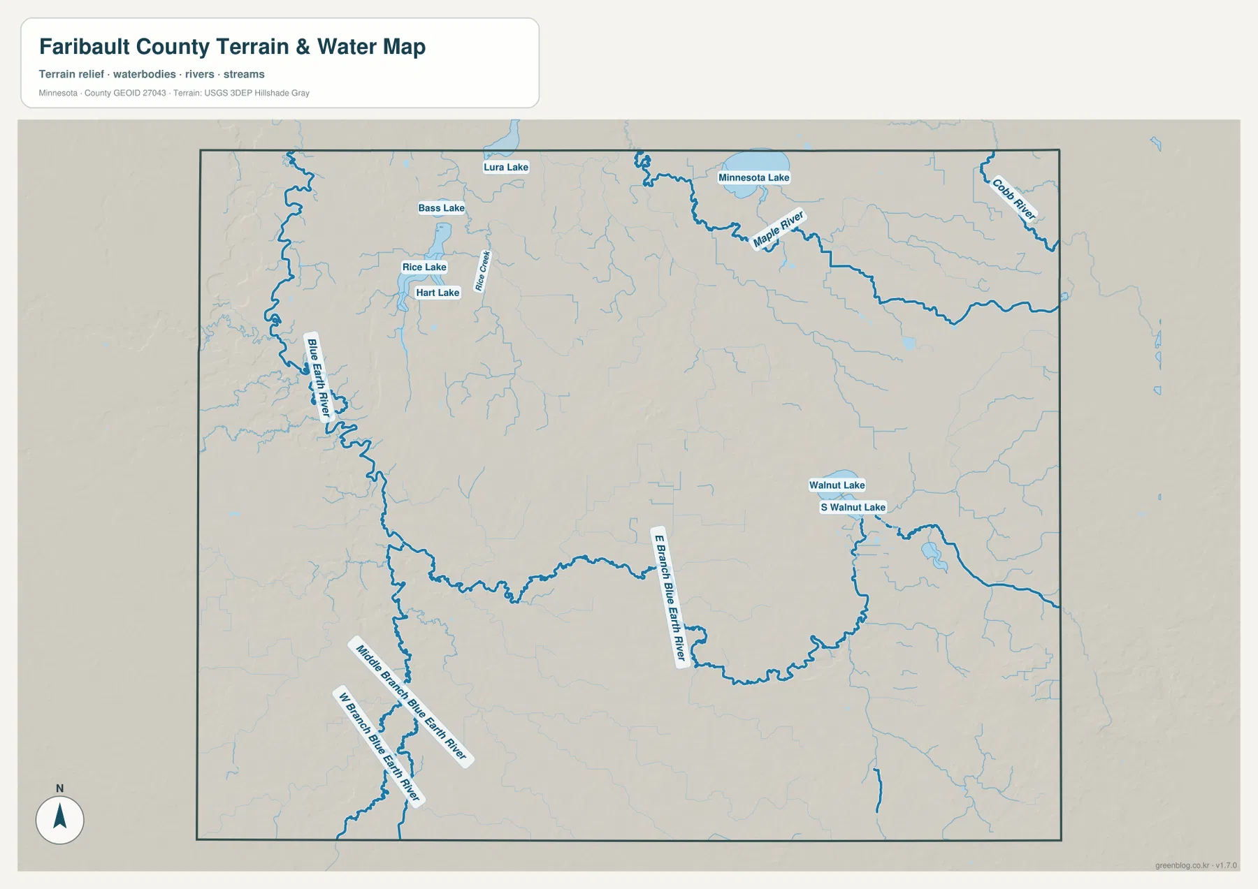 Faribault County water map showing the Blue Earth River, Maple River, Cobb River, Minnesota Lake, and Walnut Lake