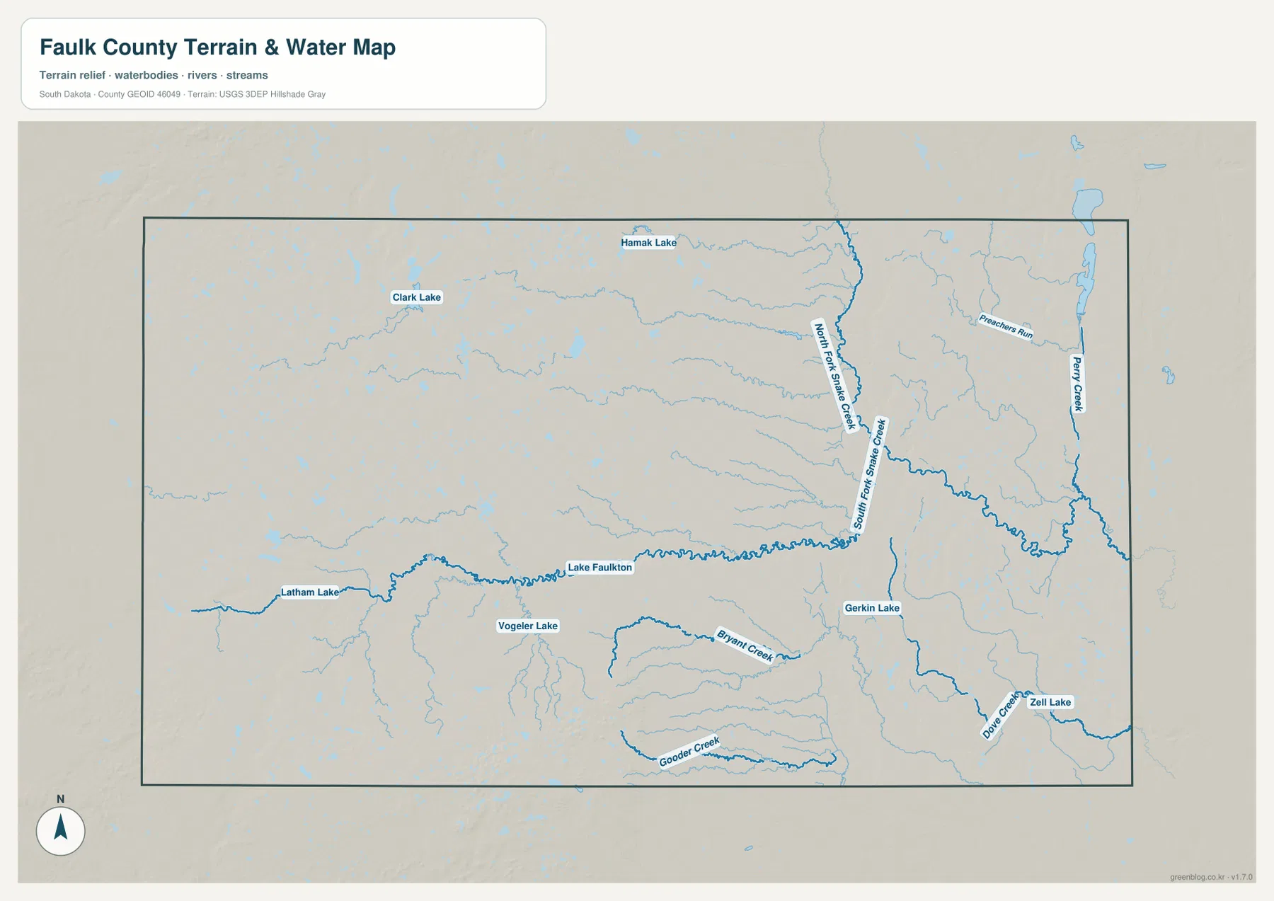 Lake Faulkton, North Fork Snake Creek, South Fork Snake Creek과 여러 호수를 표시한 포크 카운티 수역 지도
