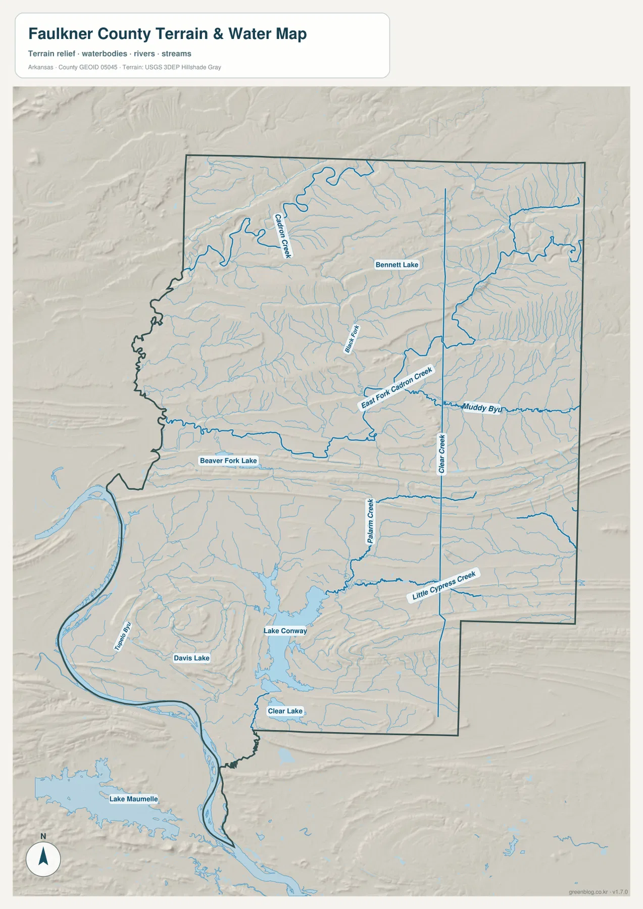 Cadron Creek, East Fork Cadron Creek, Muddy Bayou, Lake Conway와 Arkansas River를 표시한 포크너 카운티 수역 지도