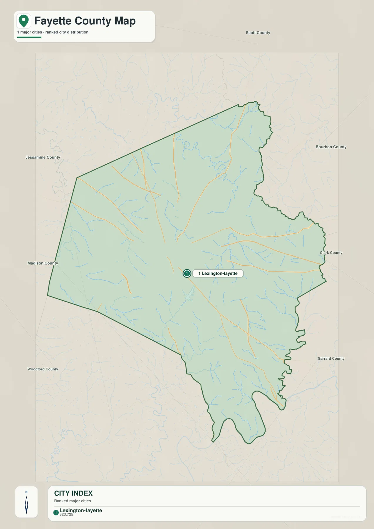 Fayette County city map with Lexington-Fayette shown as the single major city