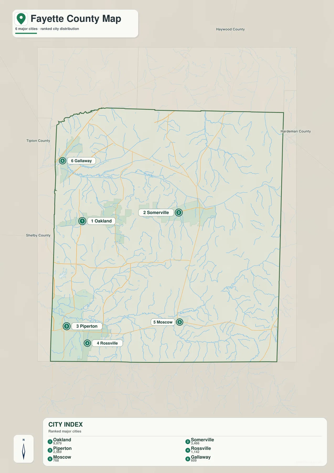 Fayette County city map showing Somerville, Oakland, Piperton, Rossville, Moscow, and Gallaway