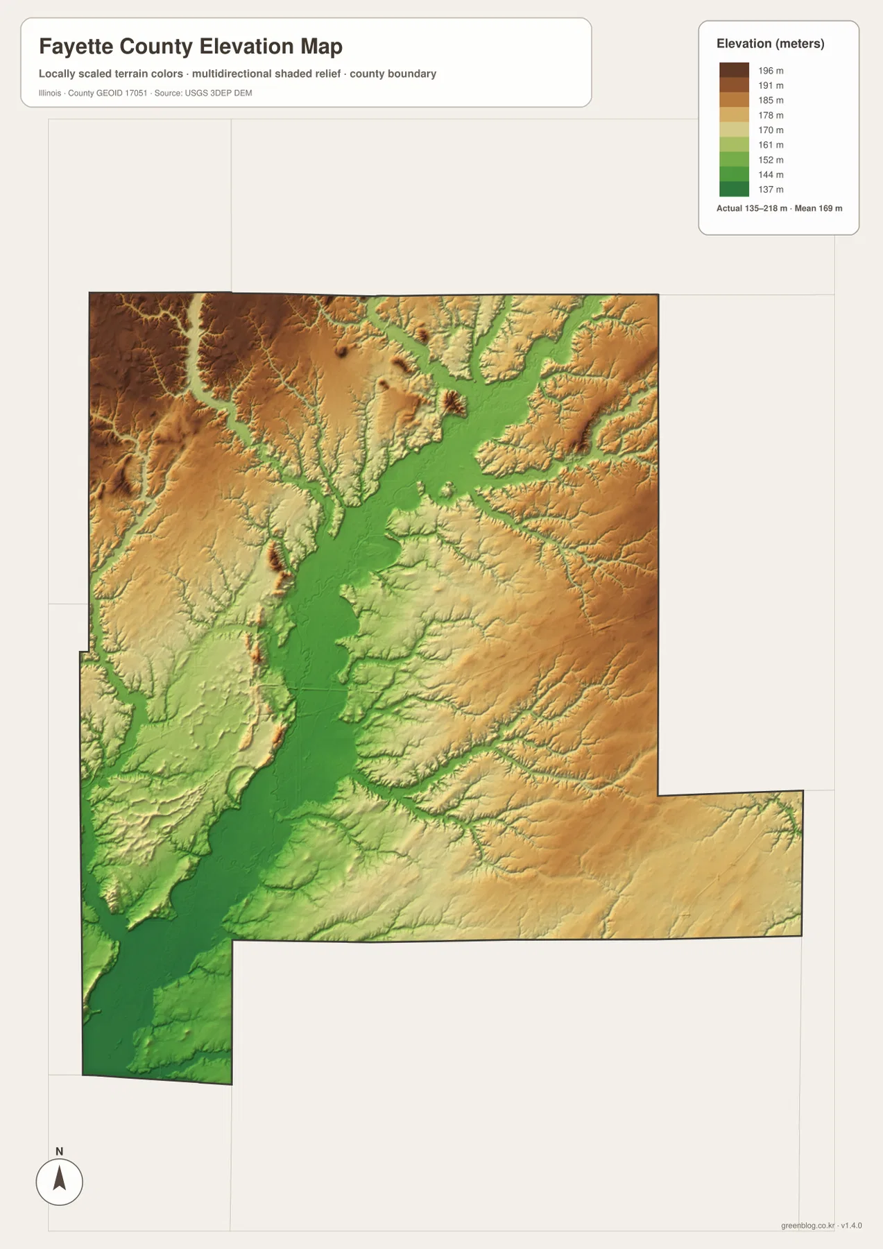 Elevation map of Fayette County Illinois showing terrain from about 135 to 218 meters and the low Kaskaskia River corridor