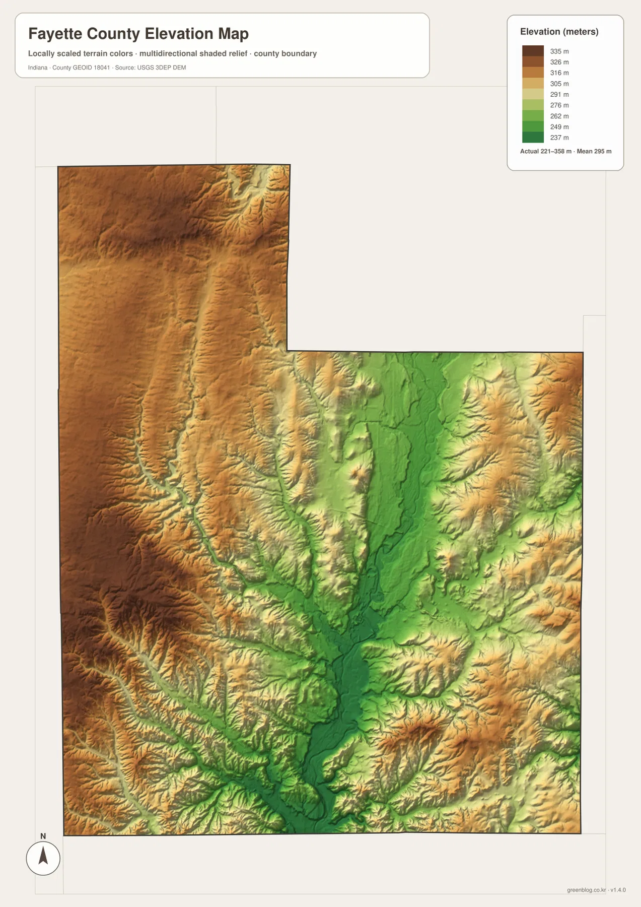 Fayette County의 221~358m 고도와 Whitewater River 계곡 주변 지형을 보여 주는 지도
