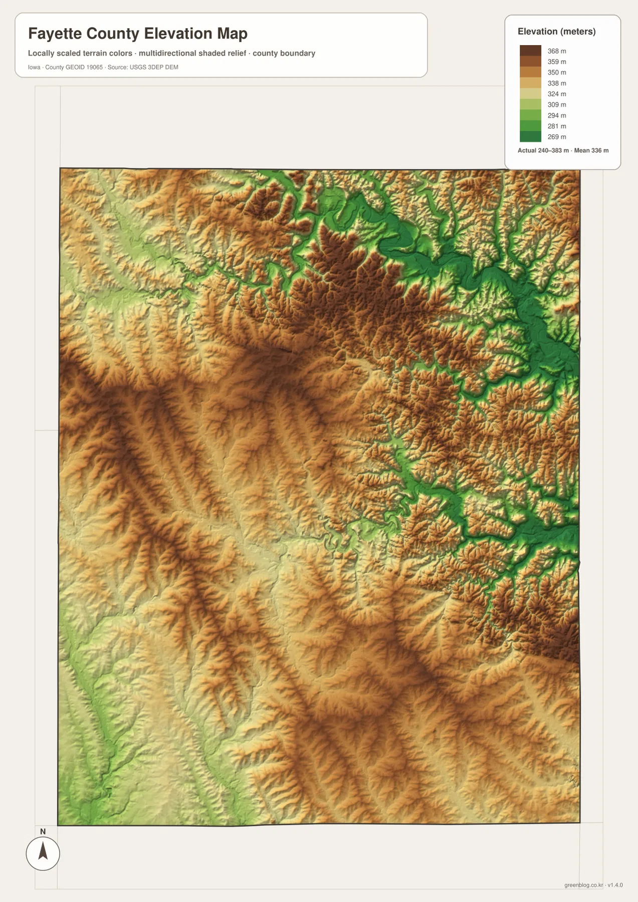 Fayette County Iowa elevation map 240 383 meters Turkey Volga River valleys