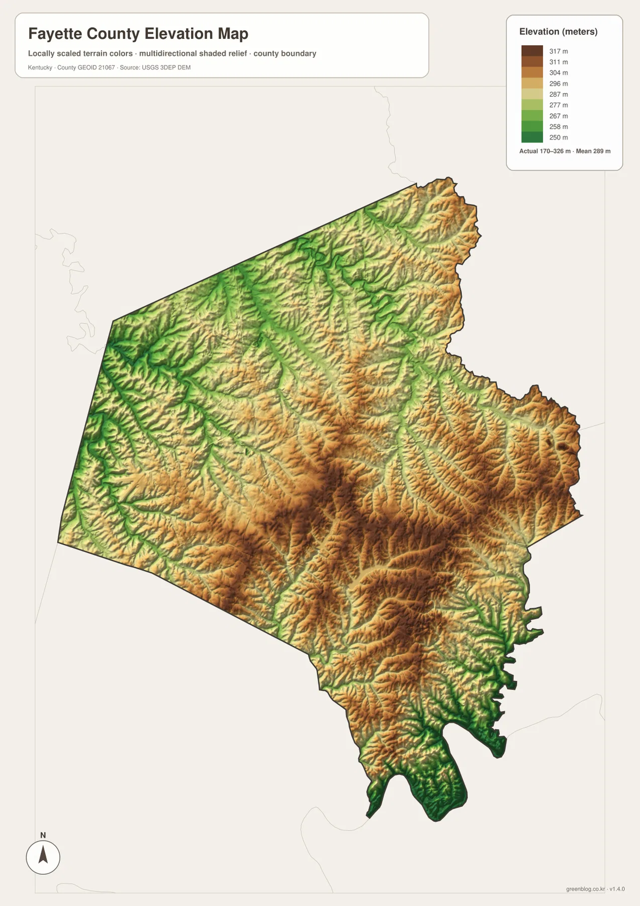 Fayette County elevation map showing an actual range of about 170 to 326 meters