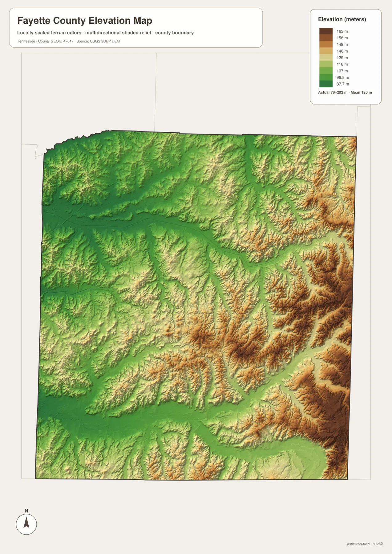 Fayette County elevation map showing 78 to 202 meter lowlands and higher eastern ridges