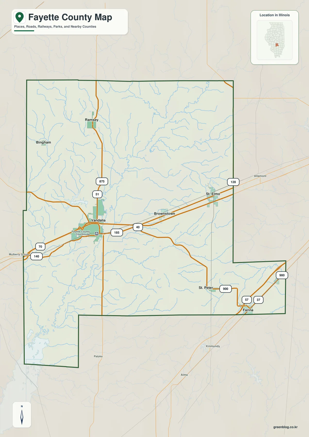 Fayette County Illinois map showing Vandalia, US 40, US 51, major communities, roads, and the county boundary
