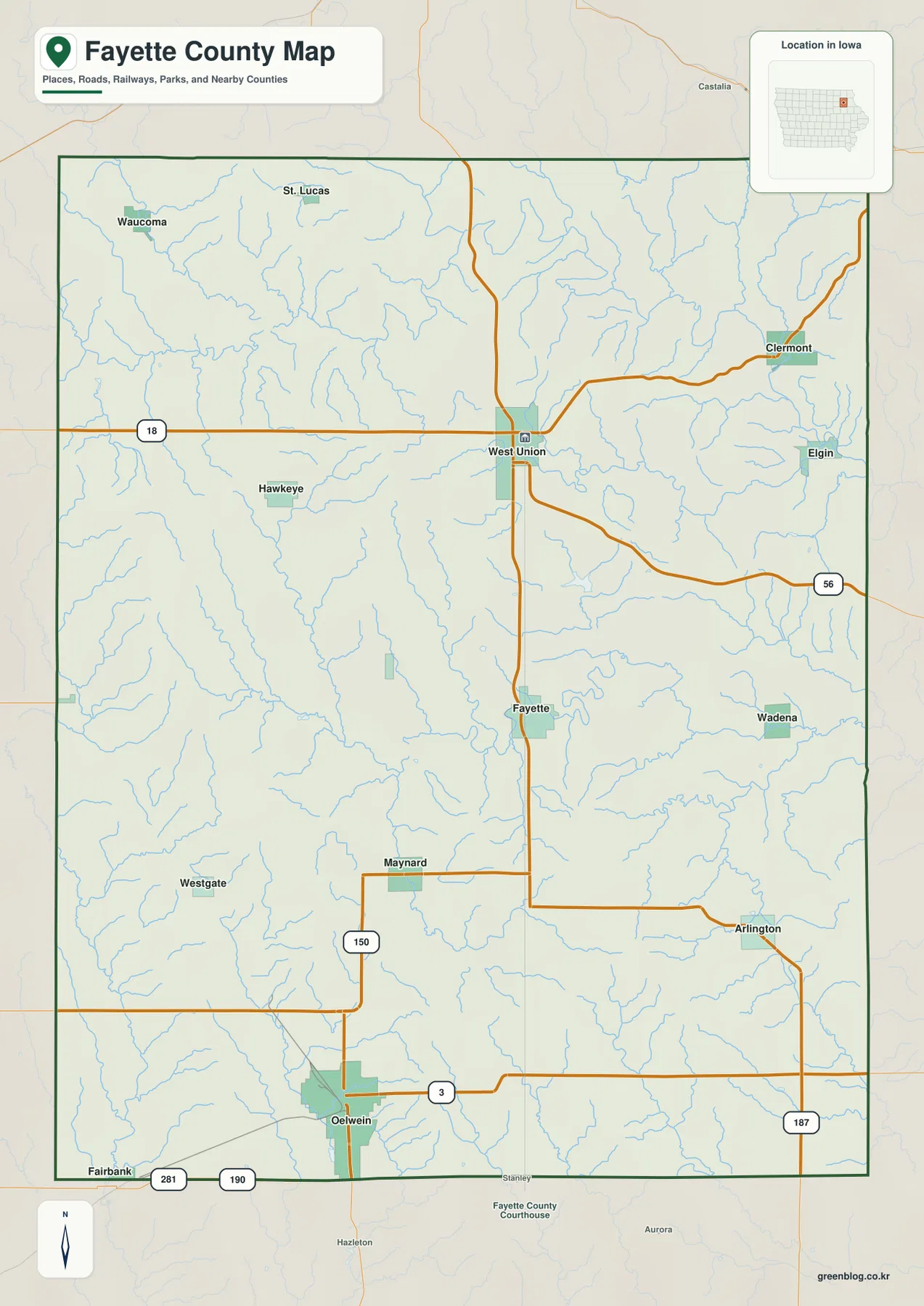 Fayette County Iowa map West Union U.S. 18 Iowa 150 Oelwein