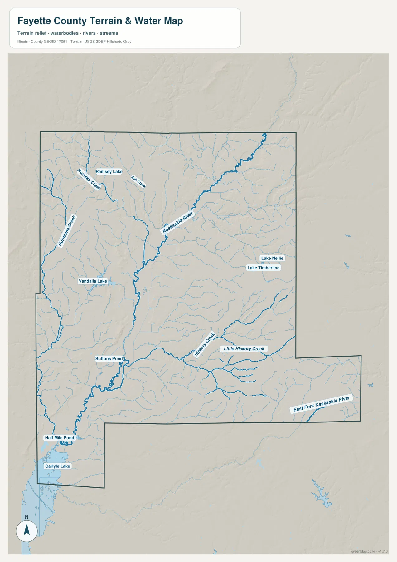 Fayette County Illinois water map showing the Kaskaskia River, Ramsey Lake, Vandalia Lake, Hurricane Creek, Hickory Creek, and other water features