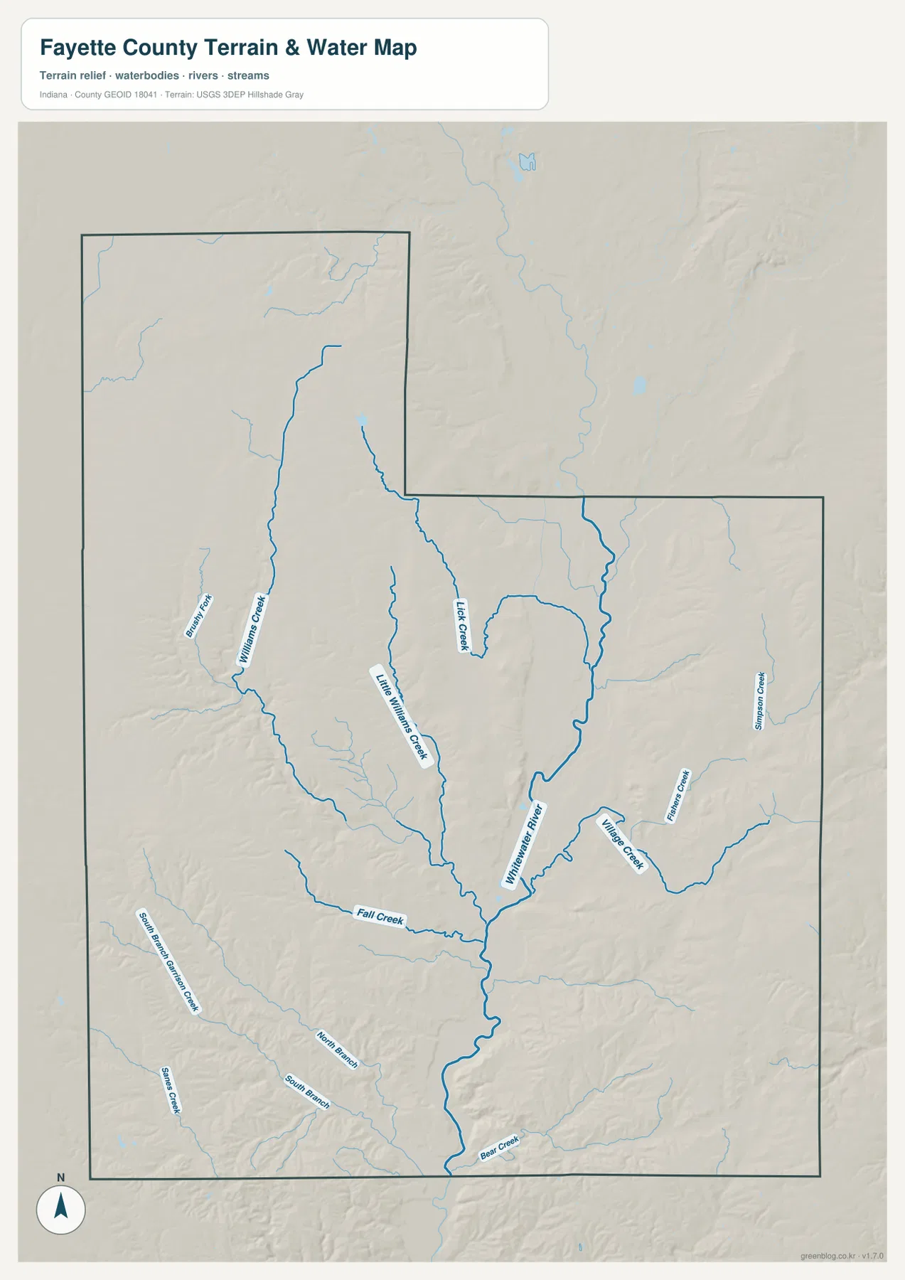 Fayette County의 Whitewater River, Williams Creek, Fall Creek와 주변 지형 지도