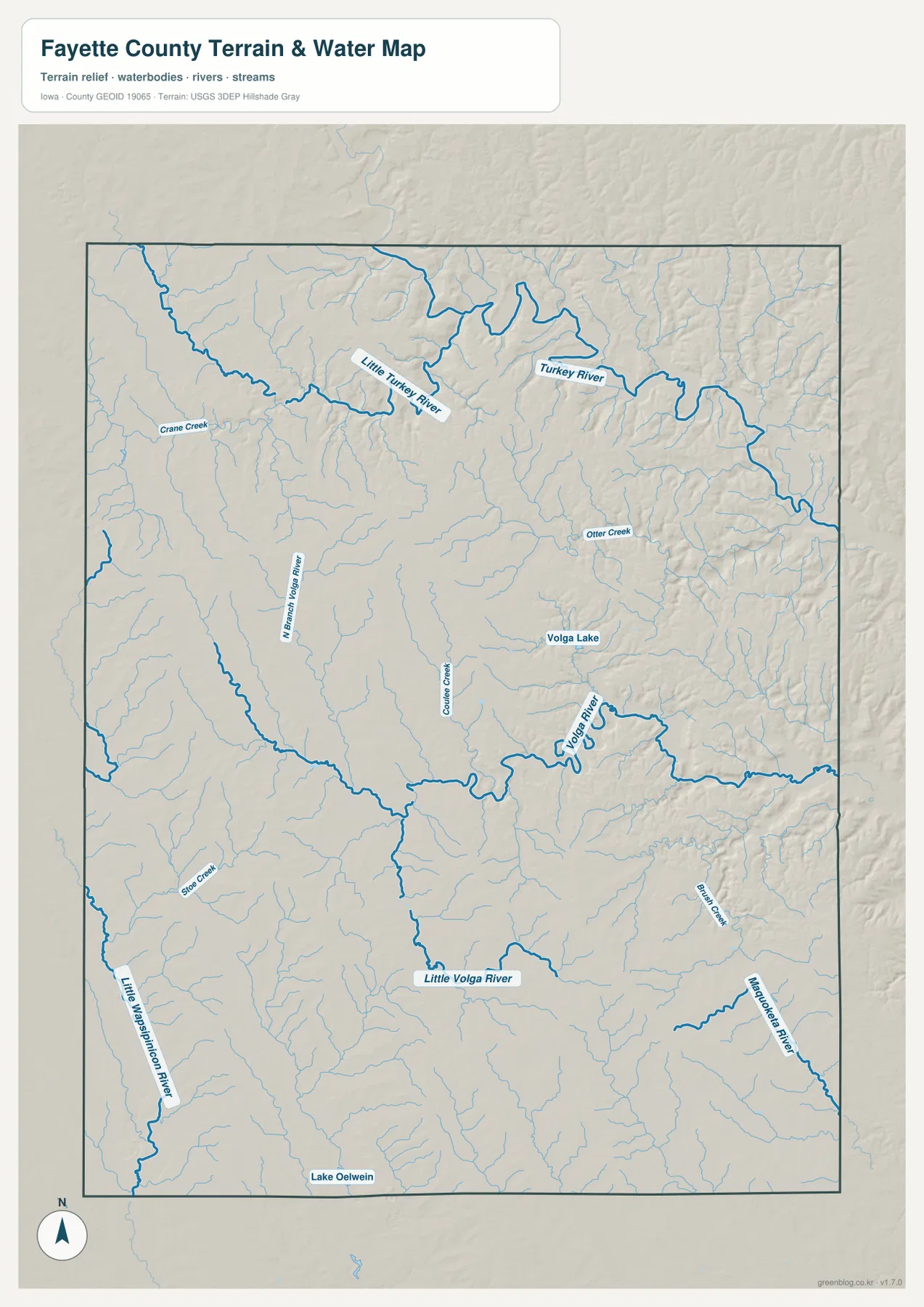 Fayette County Iowa Turkey River Little Turkey River Volga River terrain water map