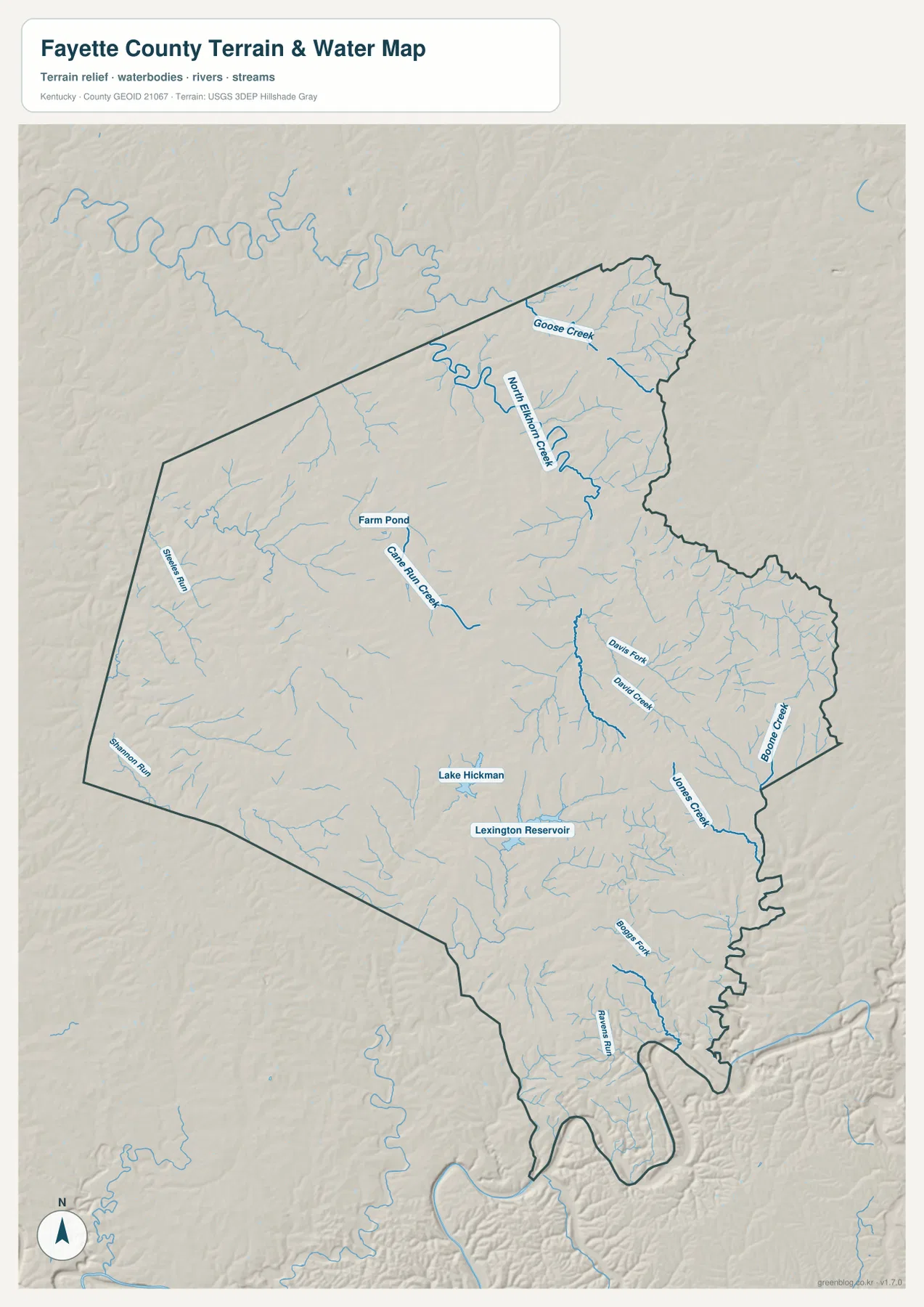 Fayette County water map showing North Elkhorn Creek, Goose Creek, Boone Creek, reservoirs, and other streams