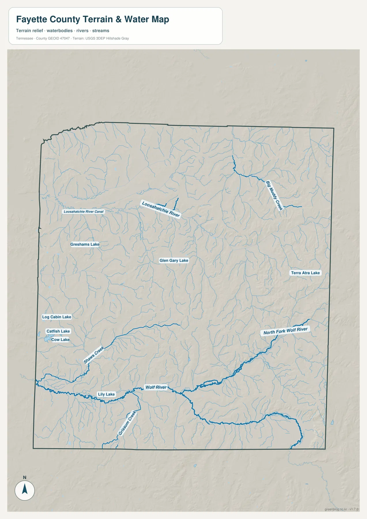 Fayette County water map with Loosahatchie River, Wolf River, North Fork Wolf River, creeks, and lakes