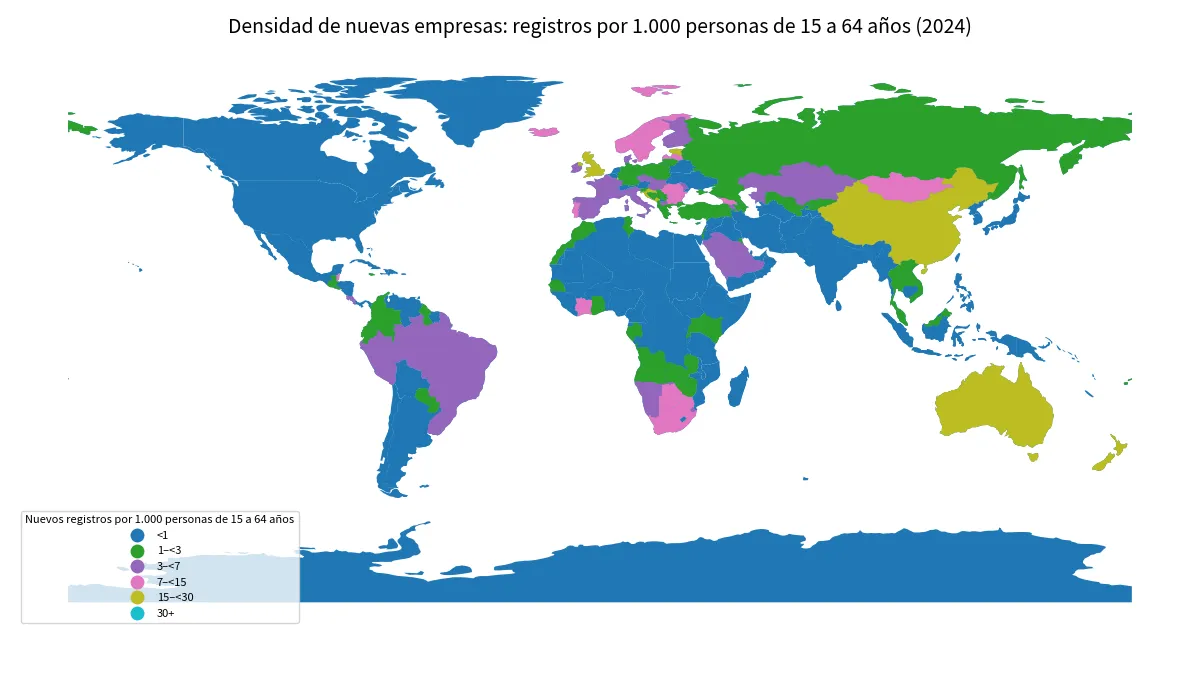 Densidad de nuevas empresas por país en 2024, expresada como registros por 1.000 personas de 15 a 64 años