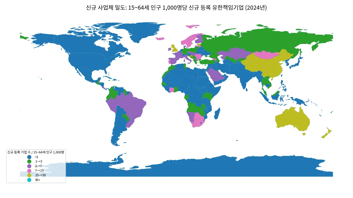 2024년 국가별 15~64세 인구 1,000명당 신규 등록 유한책임기업 수 지도