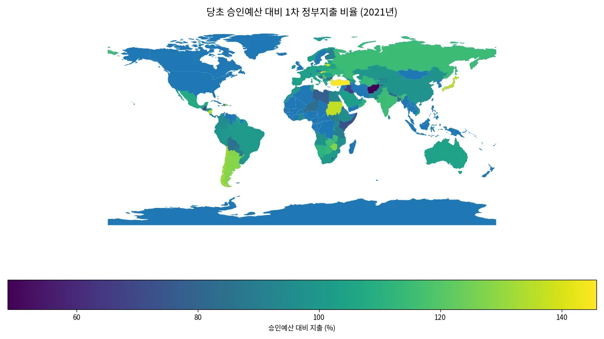 2021년 국가별 당초 승인예산 대비 1차 정부지출 비율 지도