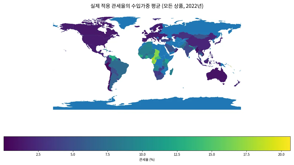 2022년 국가별 모든 상품 실제 적용 관세율의 수입가중 평균 지도