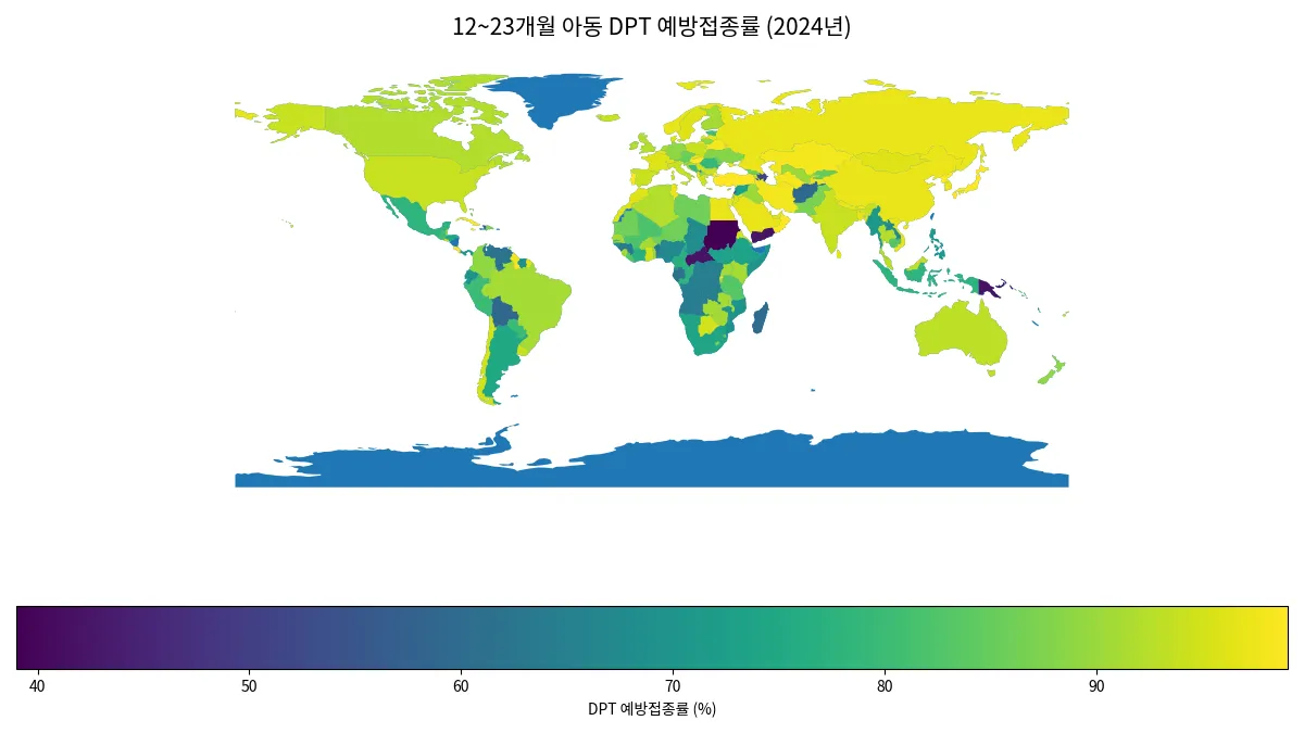 2024년 국가별 12~23개월 아동 DPT 예방접종률 지도