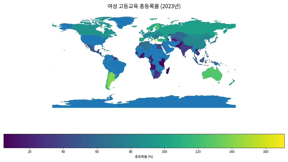 2023년 국가별 여성 고등교육 총등록률 지도