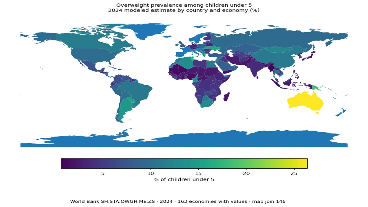 Map of 2024 overweight prevalence among children under 5 by country and economy